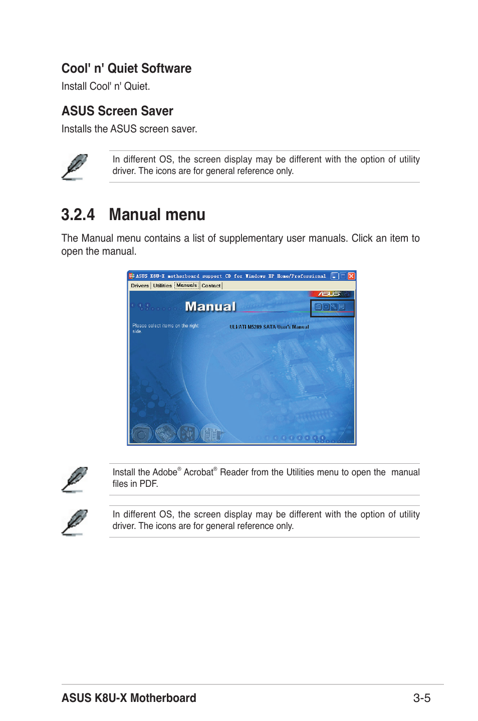 4 manual menu, Cool' n' quiet software, Asus screen saver | Asus K8U-X User Manual | Page 73 / 80