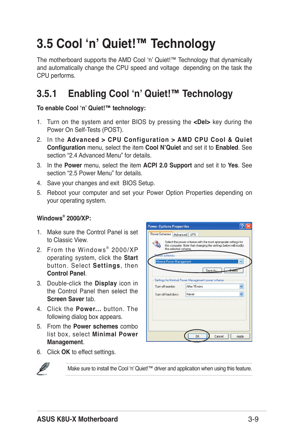 5 cool ʻnʼ quiet!™ technology, 1 enabling cool ʻnʼ quiet!™ technology | Asus K8U-X User Manual | Page 77 / 80