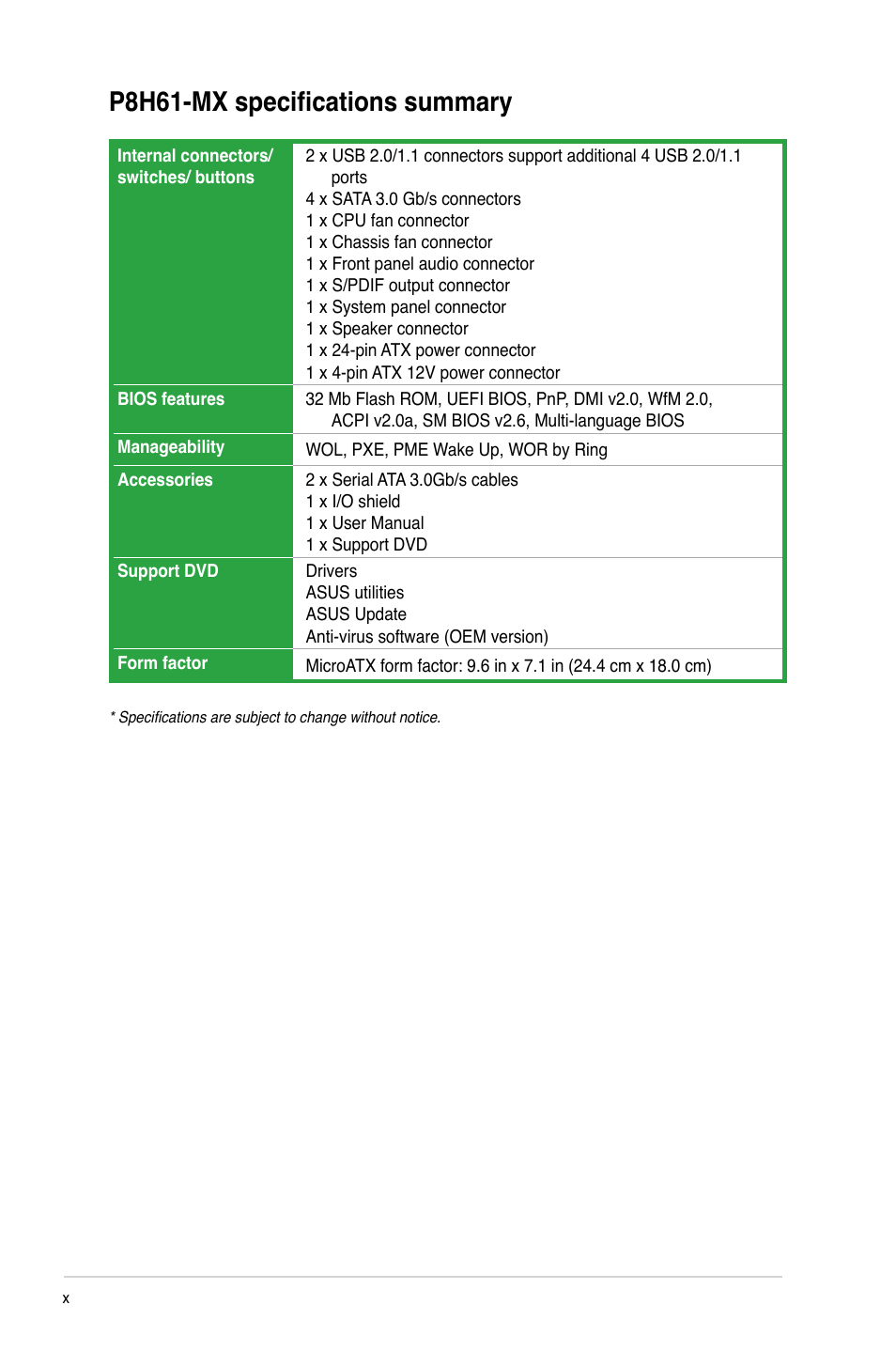 P8h61-mx specifications summary | Asus P8H61-MX User Manual | Page 10 / 60