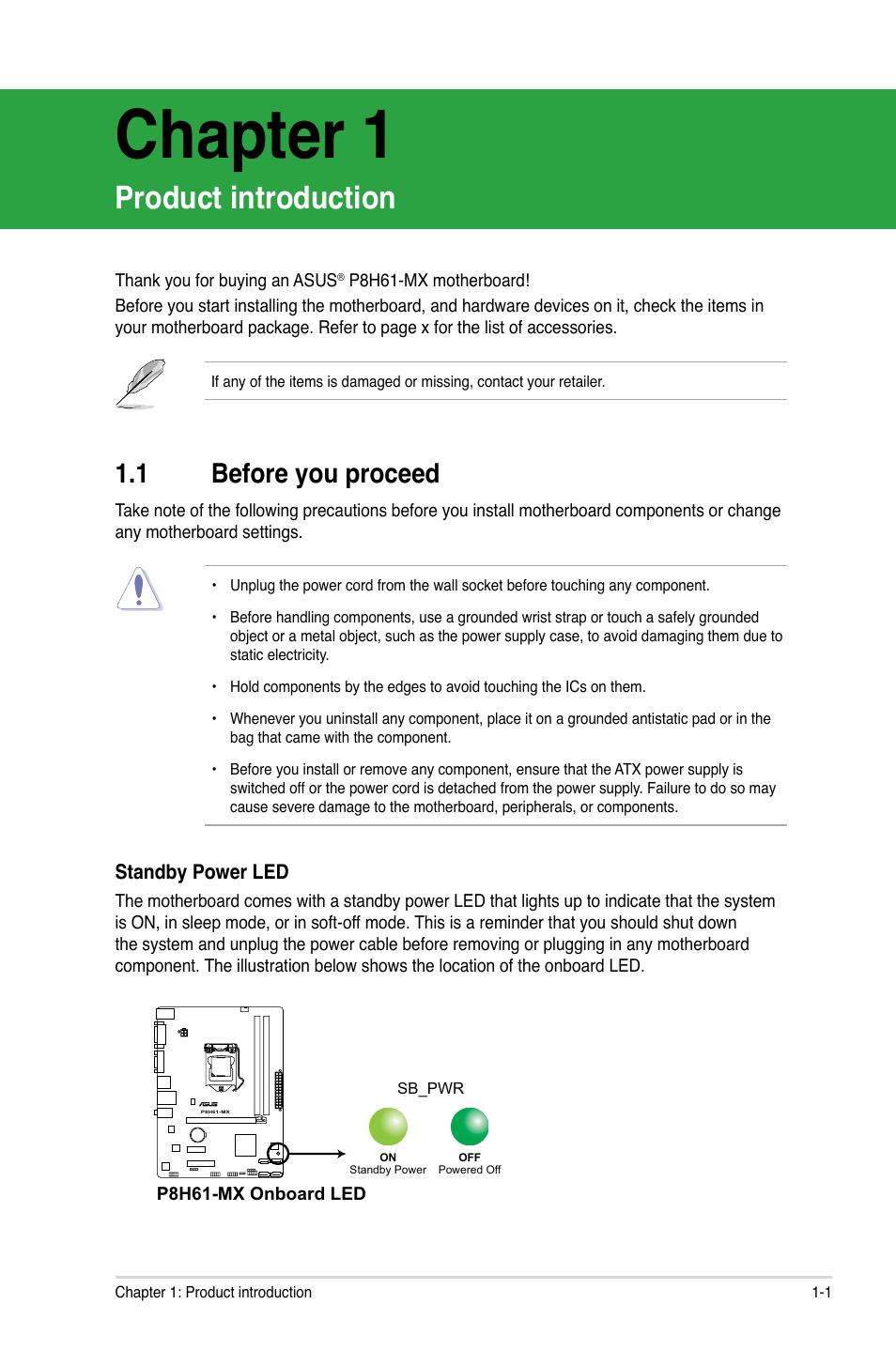 Chapter 1, Product introduction, 1 before you proceed | Asus P8H61-MX User Manual | Page 11 / 60