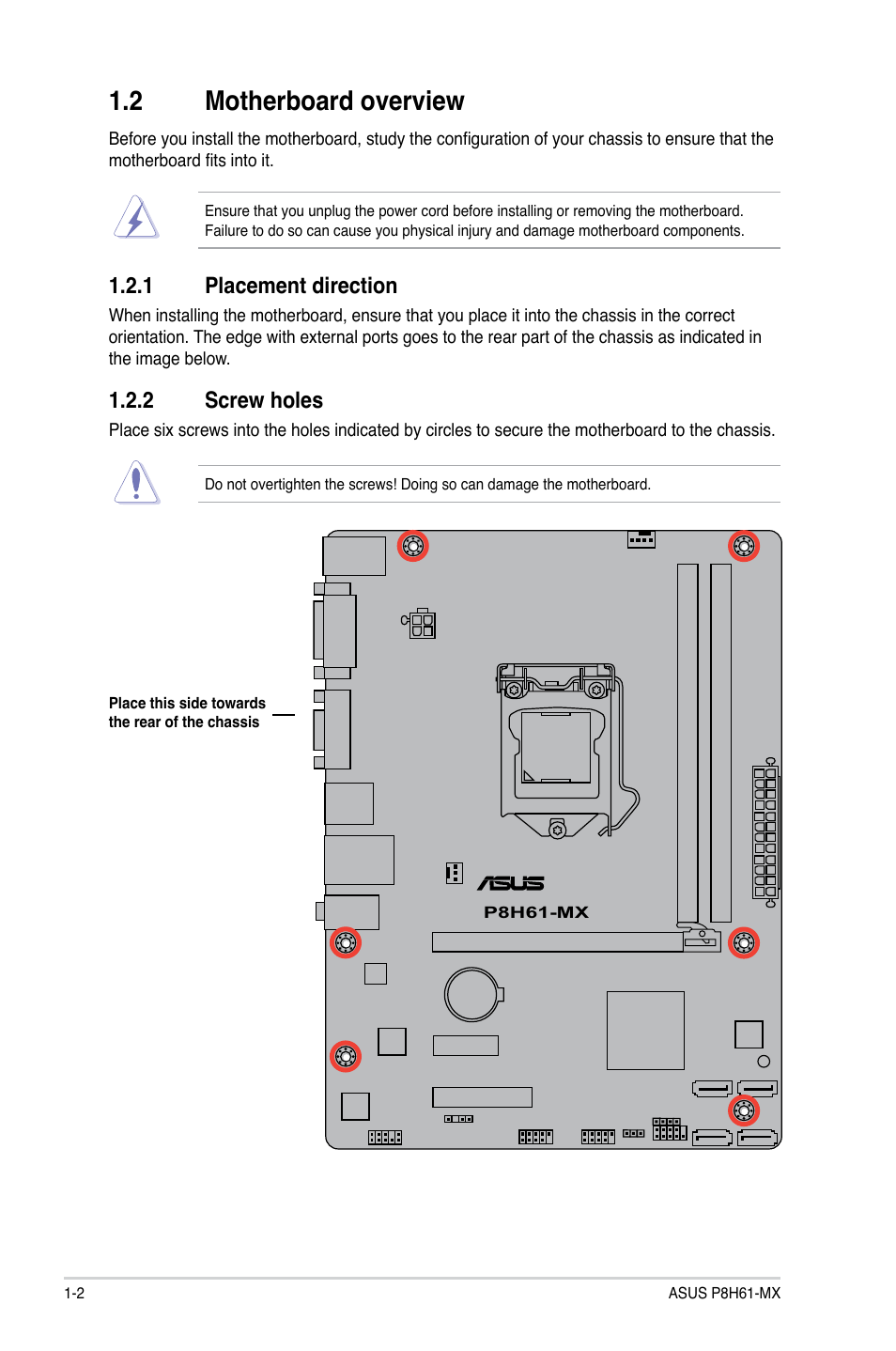 2 motherboard overview, 1 placement direction, 2 screw holes | Asus P8H61-MX User Manual | Page 12 / 60