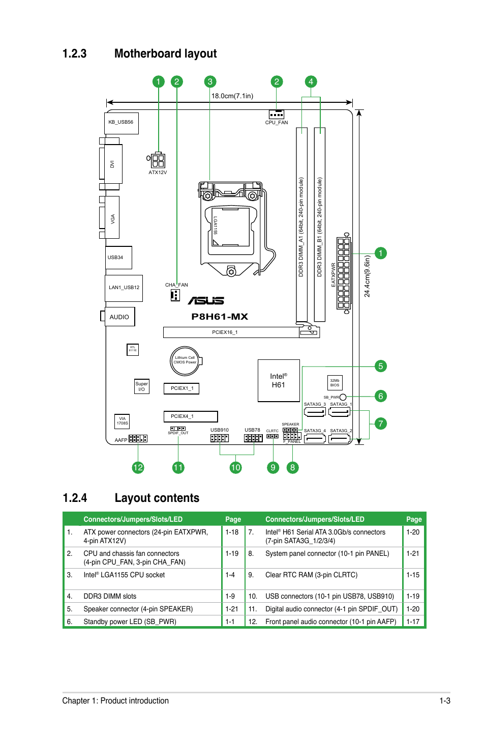 3 motherboard layout 1.2.4 layout contents, P8h61-mx, 3 chapter 1: product introduction | Asus P8H61-MX User Manual | Page 13 / 60