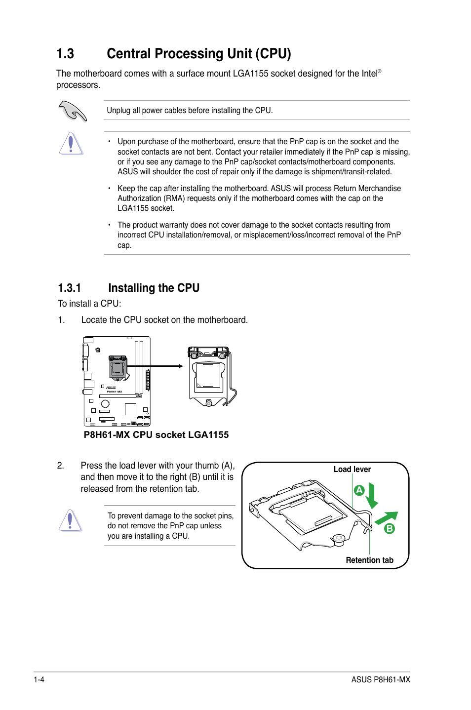 3 central processing unit (cpu), 1 installing the cpu | Asus P8H61-MX User Manual | Page 14 / 60