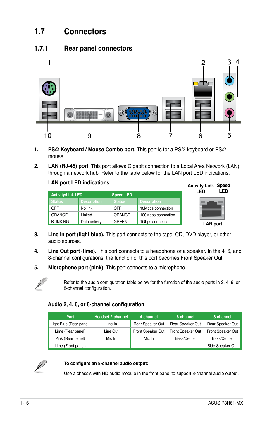 7 connectors, 1 rear panel connectors | Asus P8H61-MX User Manual | Page 26 / 60