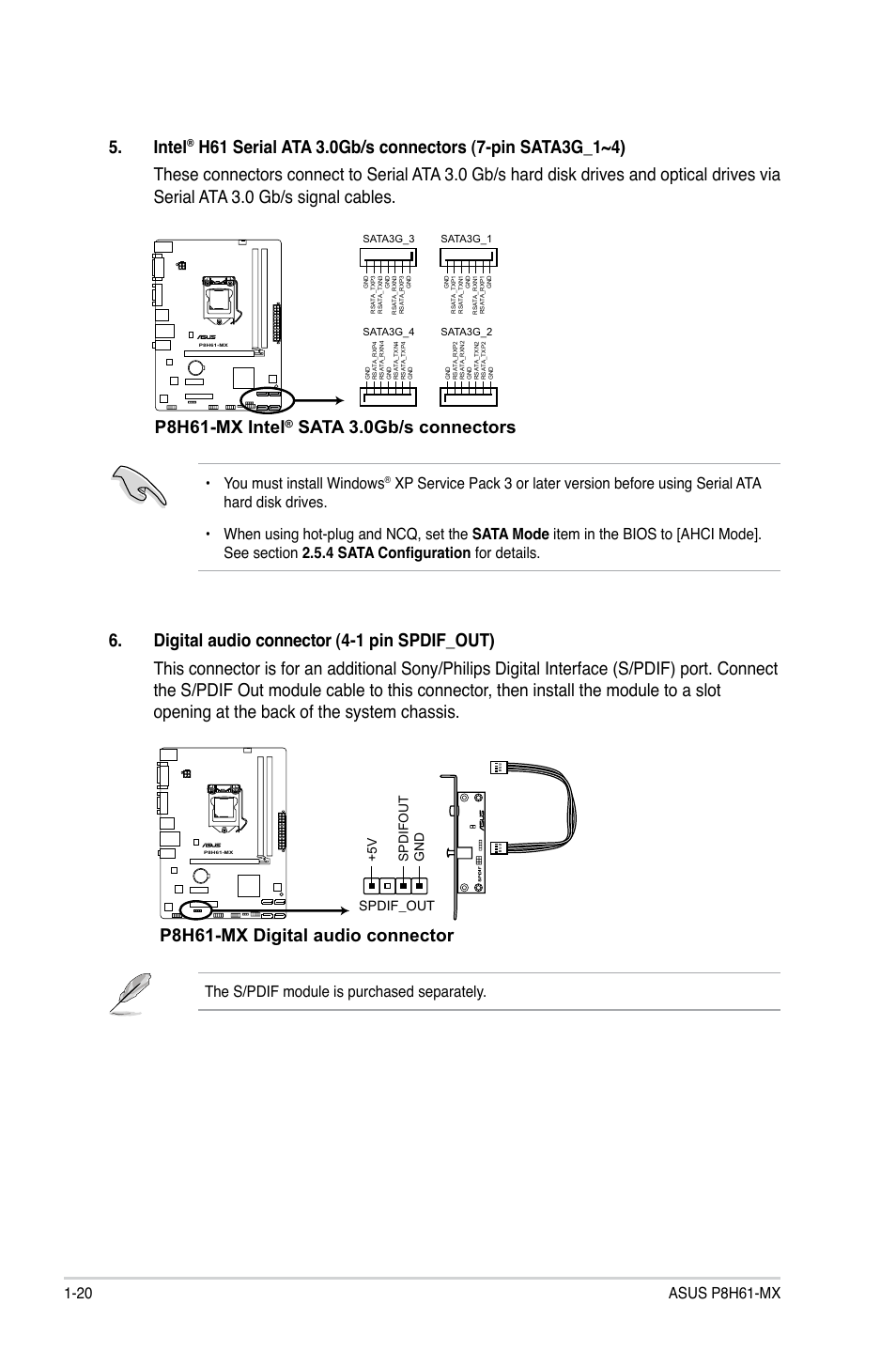 Intel, P8h61-mx intel, Sata 3.0gb/s connectors | P8h61-mx digital audio connector, You must install windows, The s/pdif module is purchased separately, Spdif_out | Asus P8H61-MX User Manual | Page 30 / 60