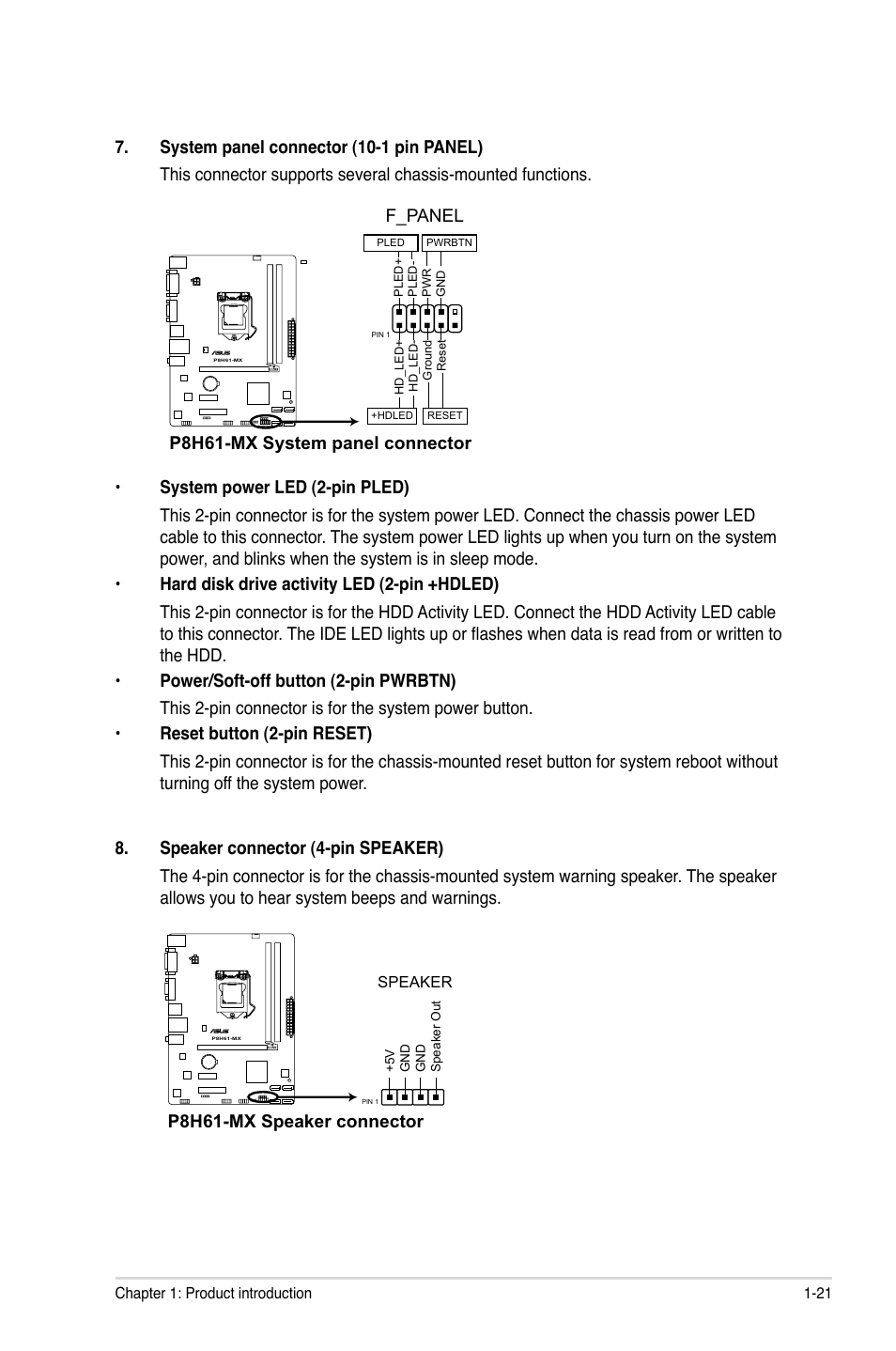 P8h61-mx system panel connector, F_panel, P8h61-mx speaker connector | Asus P8H61-MX User Manual | Page 31 / 60