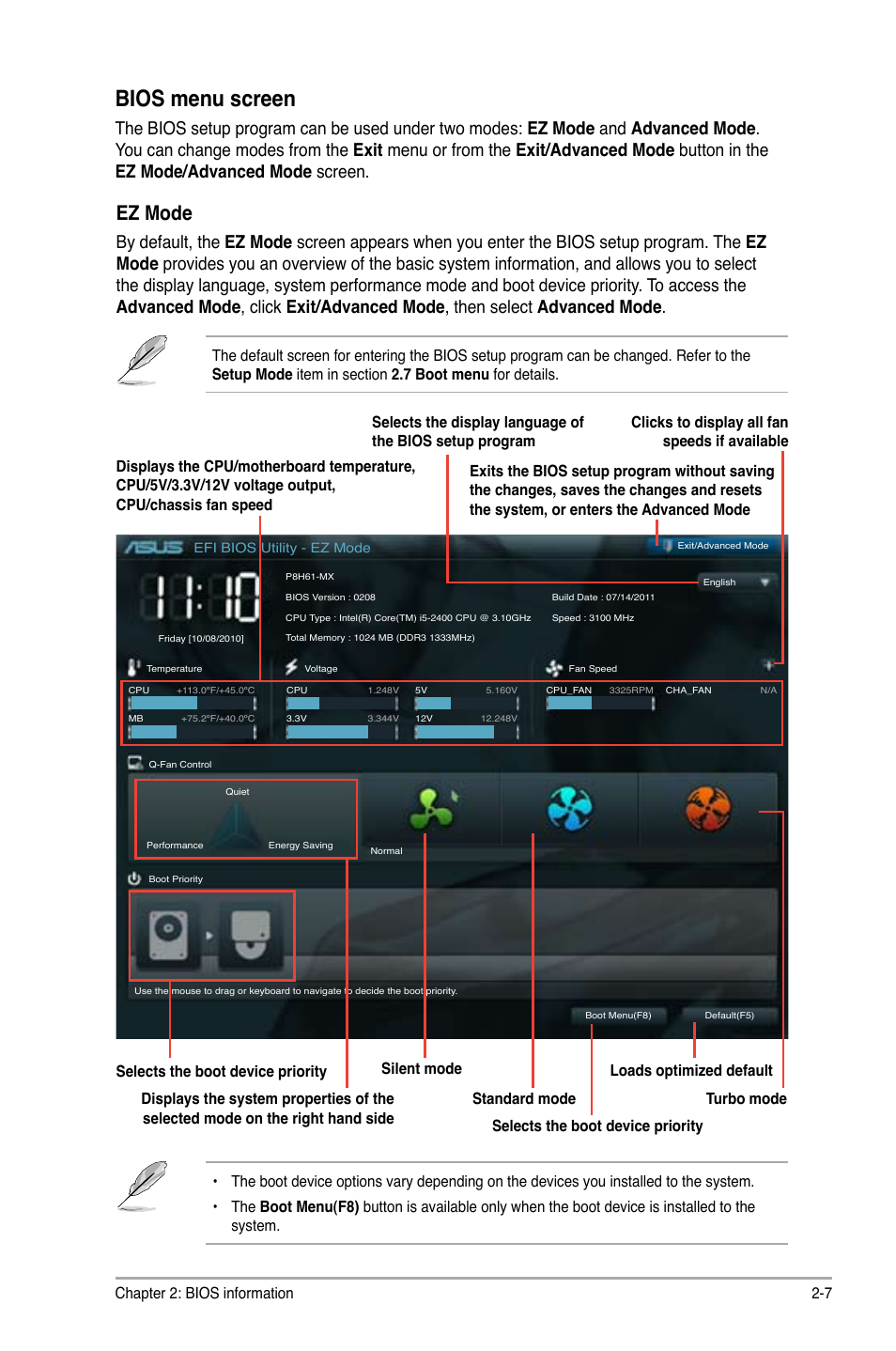 Bios menu screen, Ez mode, Chapter 2: bios information 2-7 | Asus P8H61-MX User Manual | Page 39 / 60