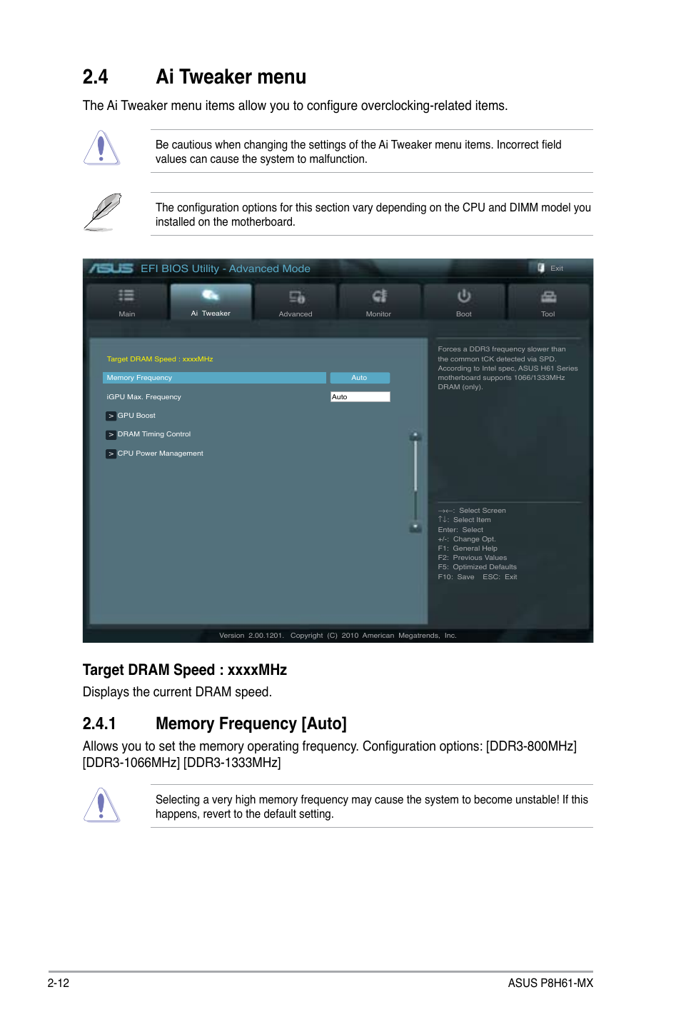 4 ai tweaker menu, Displays the current dram speed | Asus P8H61-MX User Manual | Page 44 / 60