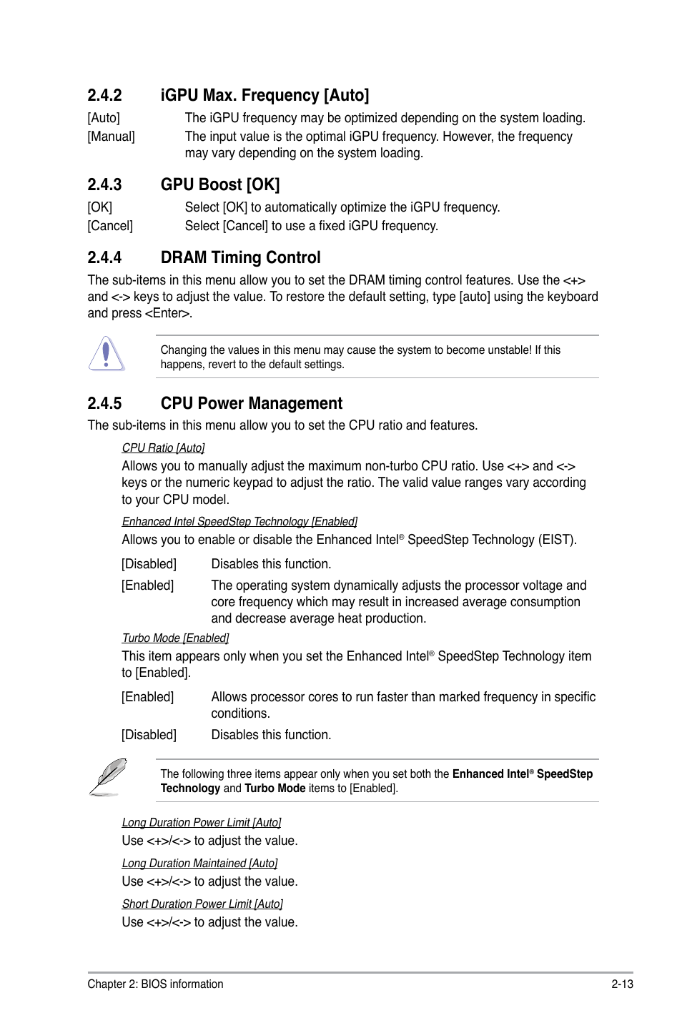 2 igpu max. frequency [auto, 3 gpu boost [ok, 4 dram timing control | 5 cpu power management | Asus P8H61-MX User Manual | Page 45 / 60