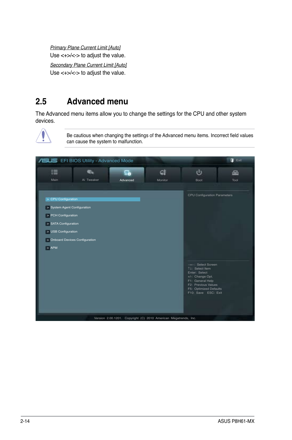 5 advanced menu, Use <+>/<-> to adjust the value, Primary plane current limit [auto | Secondary plane current limit [auto | Asus P8H61-MX User Manual | Page 46 / 60