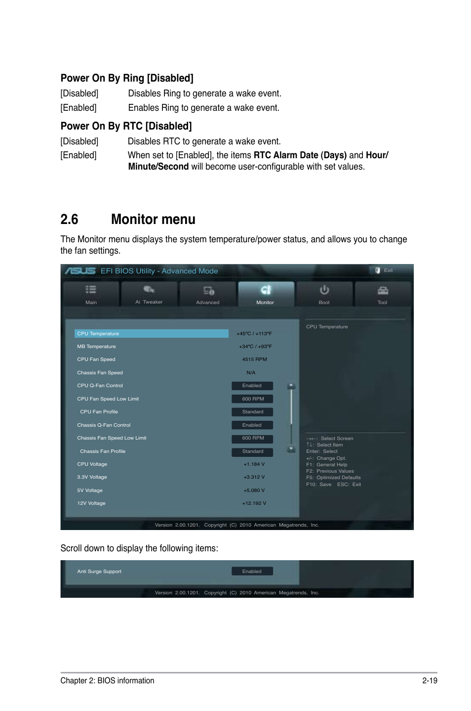 6 monitor menu, Power on by ring [disabled, Power on by rtc [disabled | Scroll down to display the following items, Chapter 2: bios information 2-19 | Asus P8H61-MX User Manual | Page 51 / 60