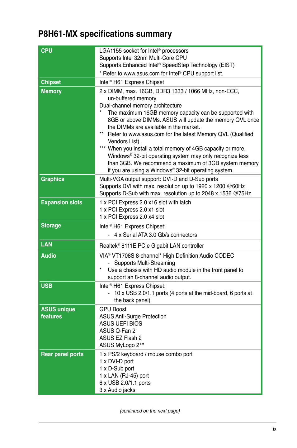 P8h61-mx specifications summary | Asus P8H61-MX User Manual | Page 9 / 60