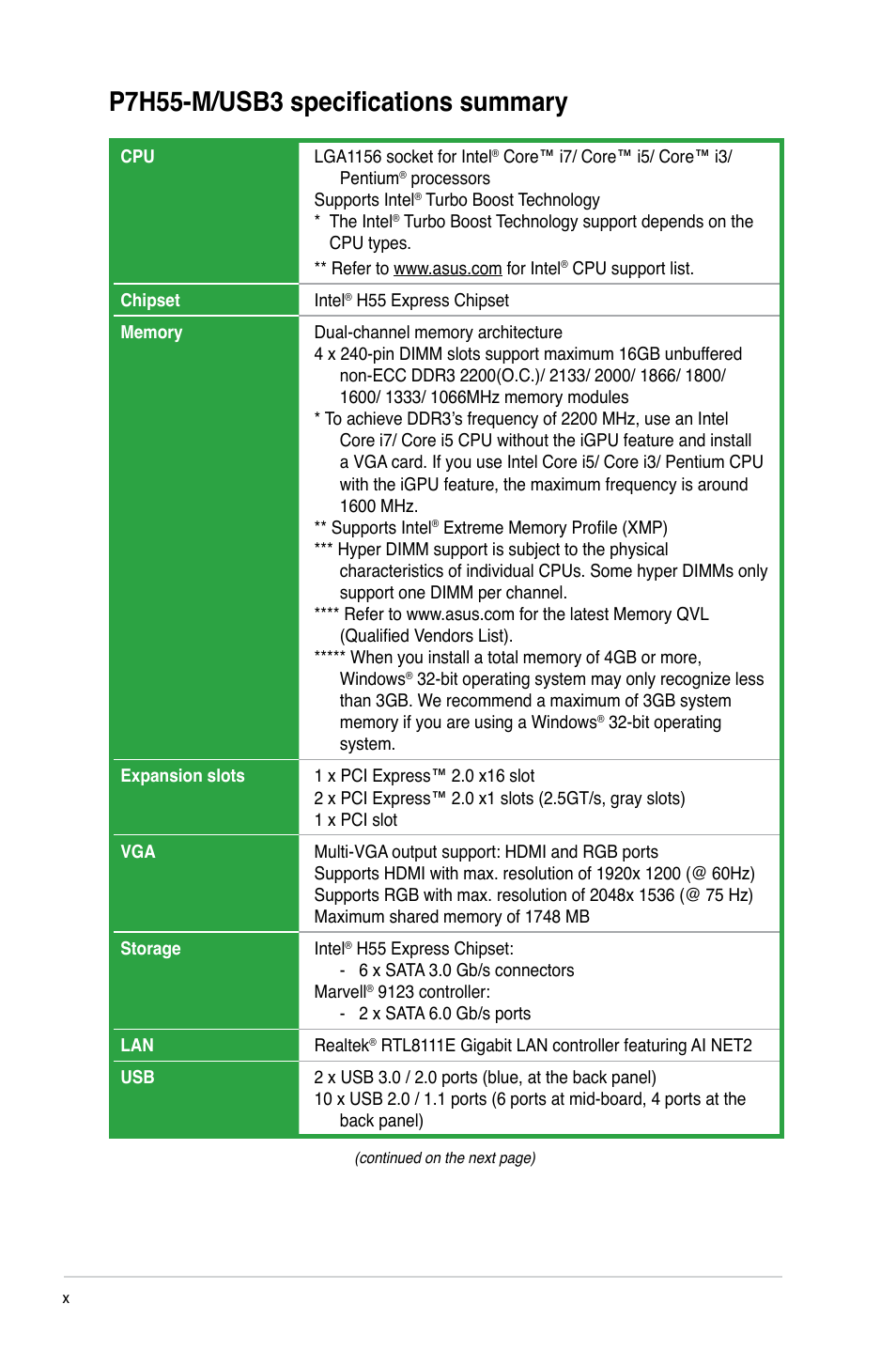 P7h55-m/usb3 specifications summary | Asus P7H55-M/USB3 User Manual | Page 10 / 78