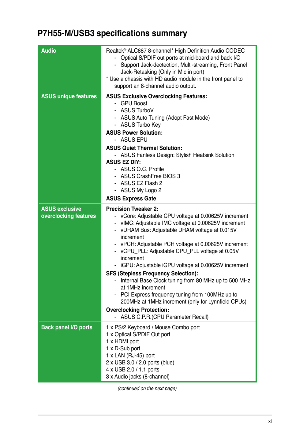 P7h55-m/usb3 specifications summary | Asus P7H55-M/USB3 User Manual | Page 11 / 78