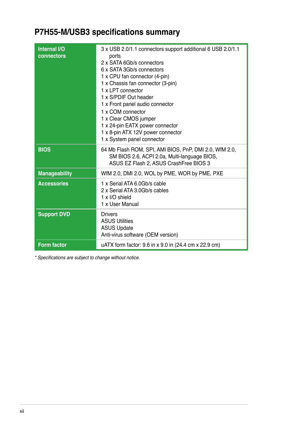 P7h55-m/usb3 specifications summary | Asus P7H55-M/USB3 User Manual | Page 12 / 78