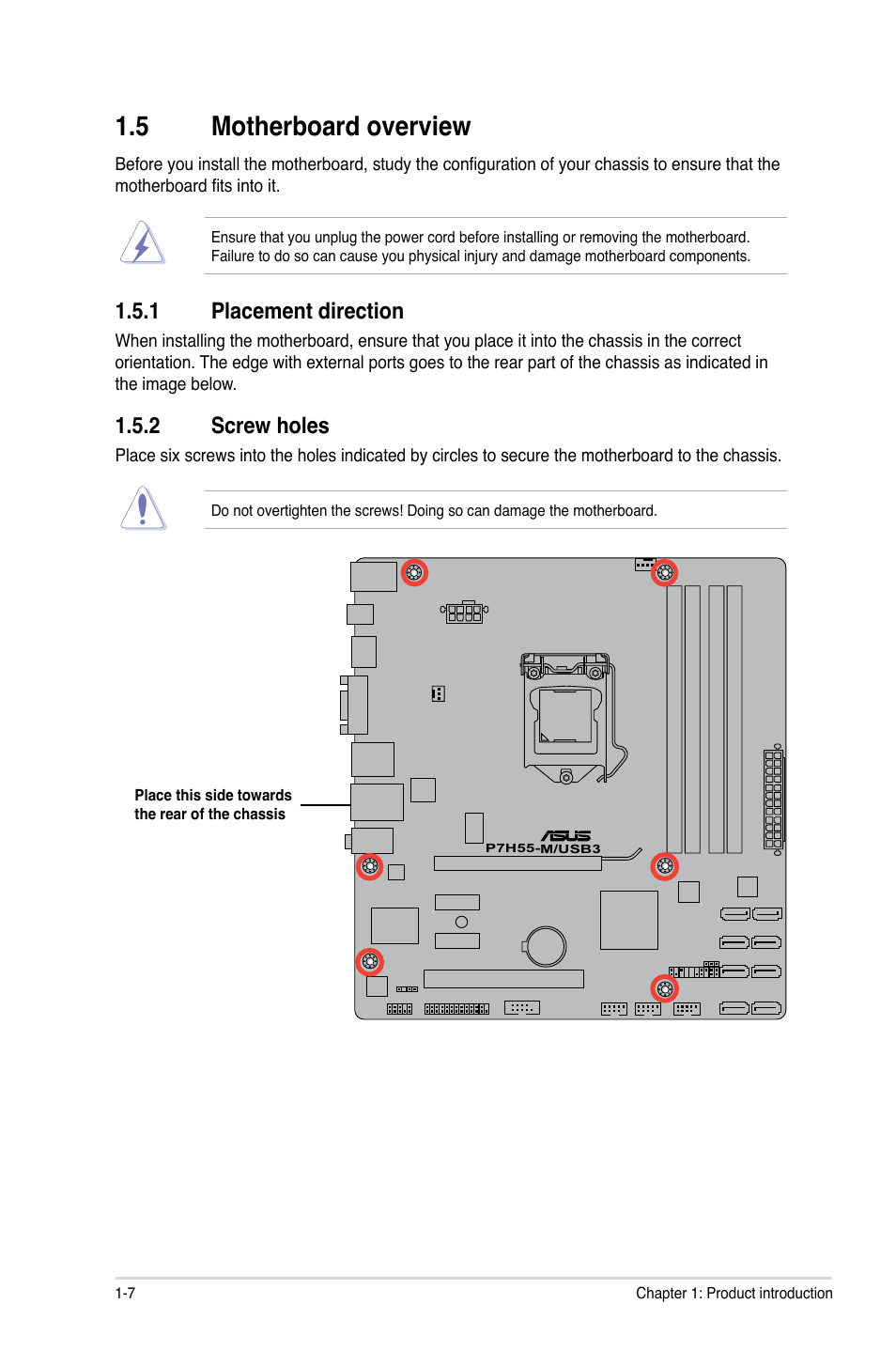 5 motherboard overview, 1 placement direction, 2 screw holes | Motherboard overview -7 1.5.1, Placement direction -7, Screw holes -7 | Asus P7H55-M/USB3 User Manual | Page 20 / 78