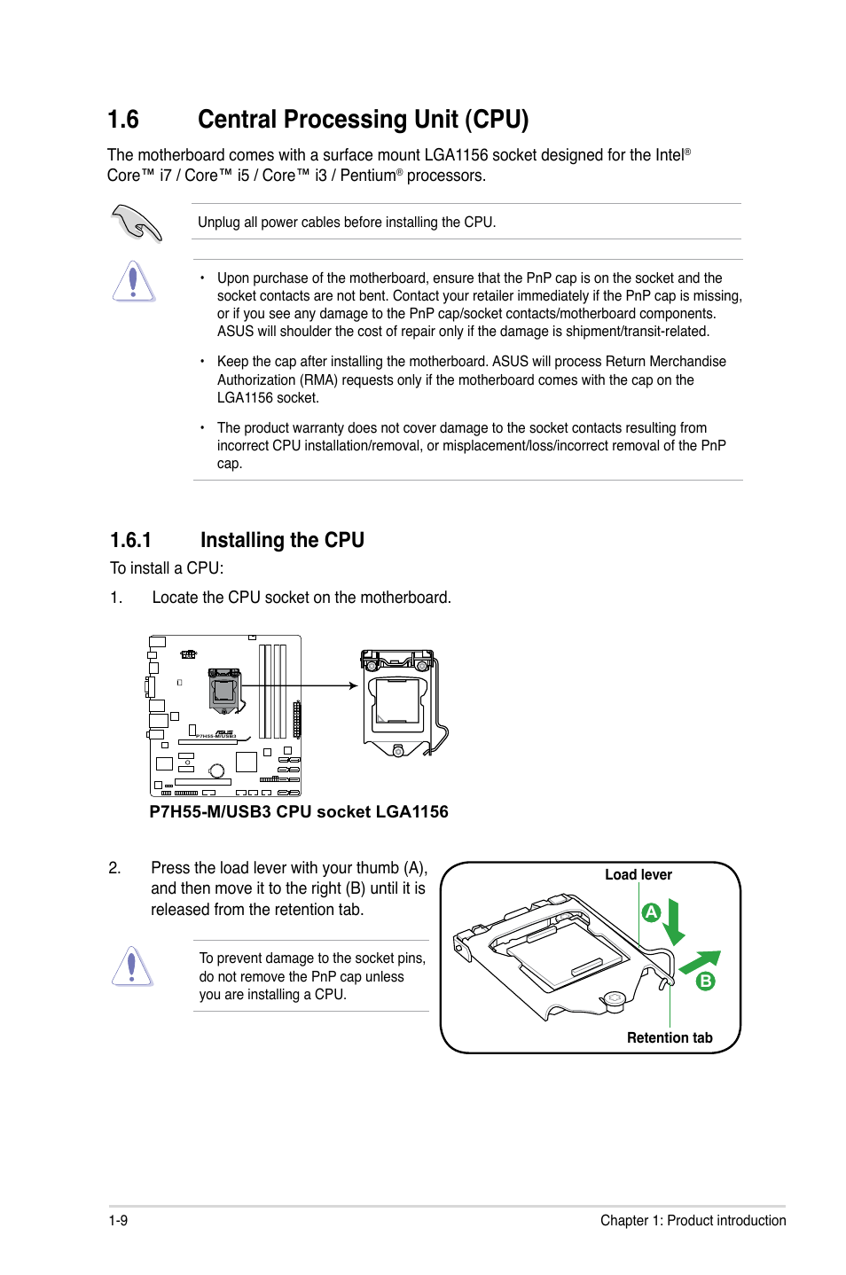 6 central processing unit (cpu), 1 installing the cpu, Central processing unit (cpu) -9 1.6.1 | Installing the cpu -9 | Asus P7H55-M/USB3 User Manual | Page 22 / 78