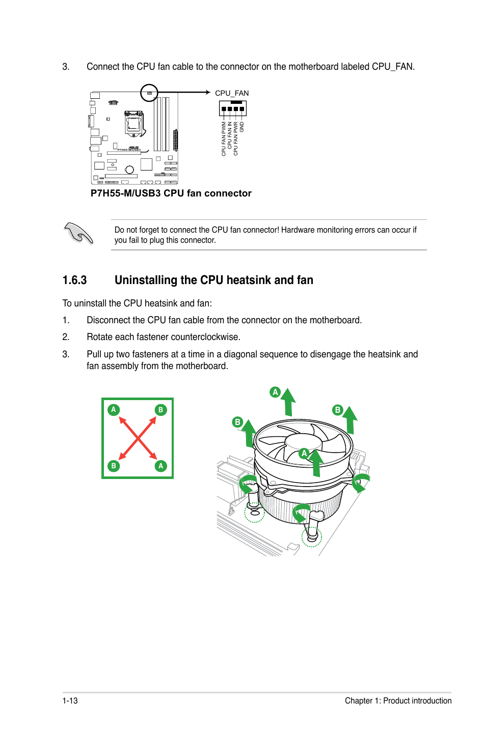 3 uninstalling the cpu heatsink and fan, Uninstalling the cpu heatsink and fan -13, P7h55-m/usb3 cpu fan connector | Asus P7H55-M/USB3 User Manual | Page 26 / 78