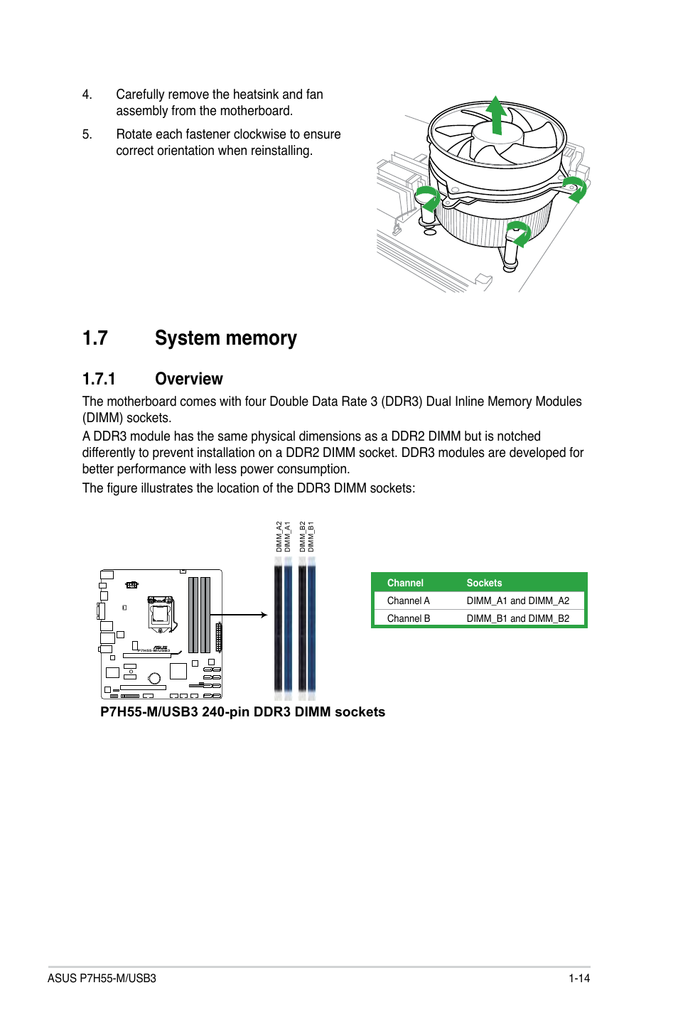 7 system memory, 1 overview, System memory -14 1.7.1 | Overview -14 | Asus P7H55-M/USB3 User Manual | Page 27 / 78