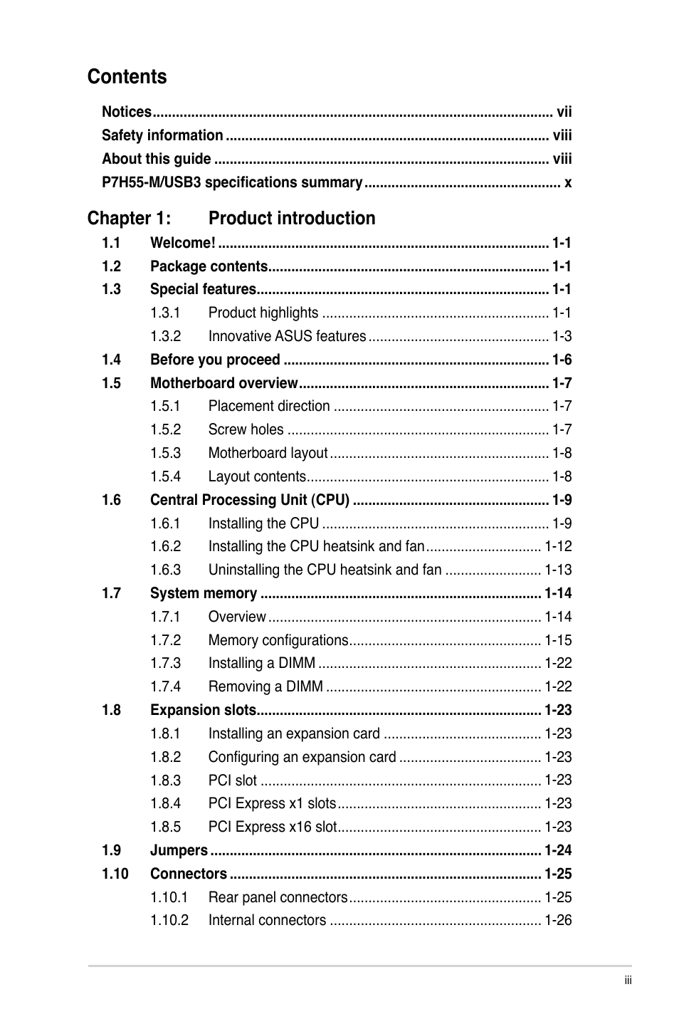 Asus P7H55-M/USB3 User Manual | Page 3 / 78