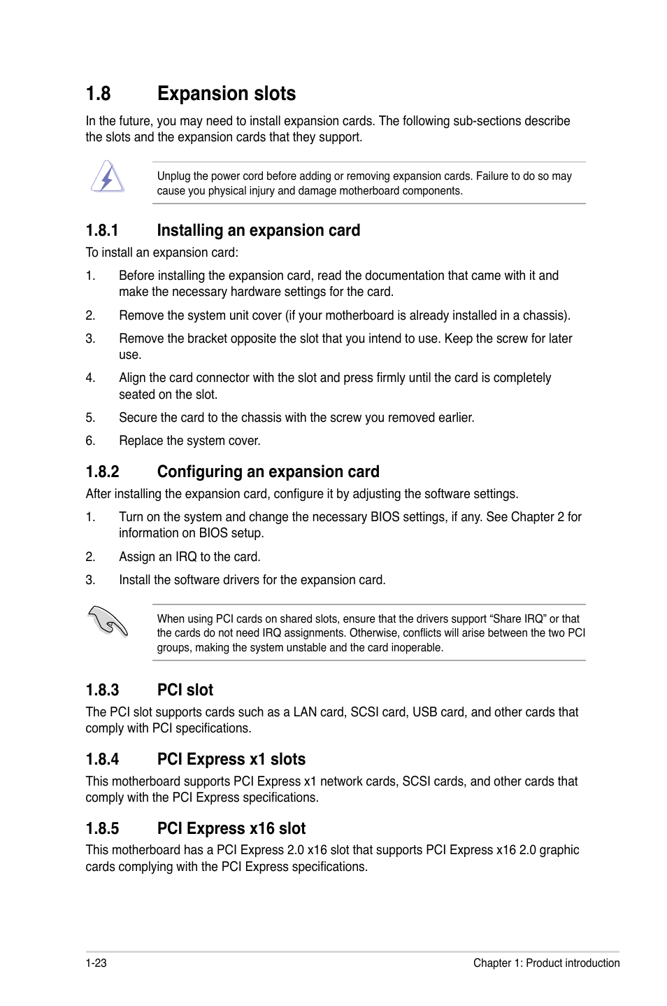 8 expansion slots, 1 installing an expansion card, 2 configuring an expansion card | 3 pci slot, 4 pci express x1 slots, 5 pci express x16 slot, Expansion slots -23 1.8.1, Installing an expansion card -23, Configuring an expansion card -23, Pci slot -23 | Asus P7H55-M/USB3 User Manual | Page 36 / 78