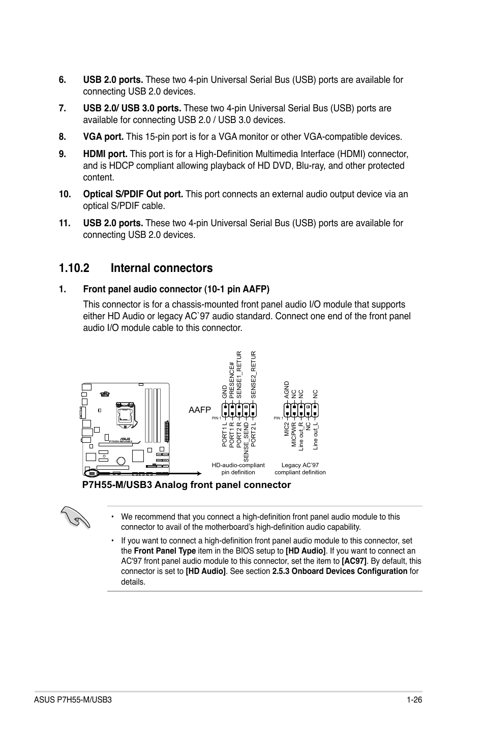 2 internal connectors, 2 internal connectors -26, P7h55-m/usb3 analog front panel connector | Asus P7H55-M/USB3 User Manual | Page 39 / 78