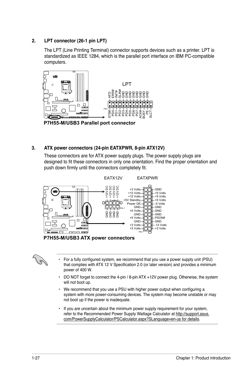 P7h55-m/usb3 parallel port connector lpt, P7h55-m/usb3 atx power connectors | Asus P7H55-M/USB3 User Manual | Page 40 / 78