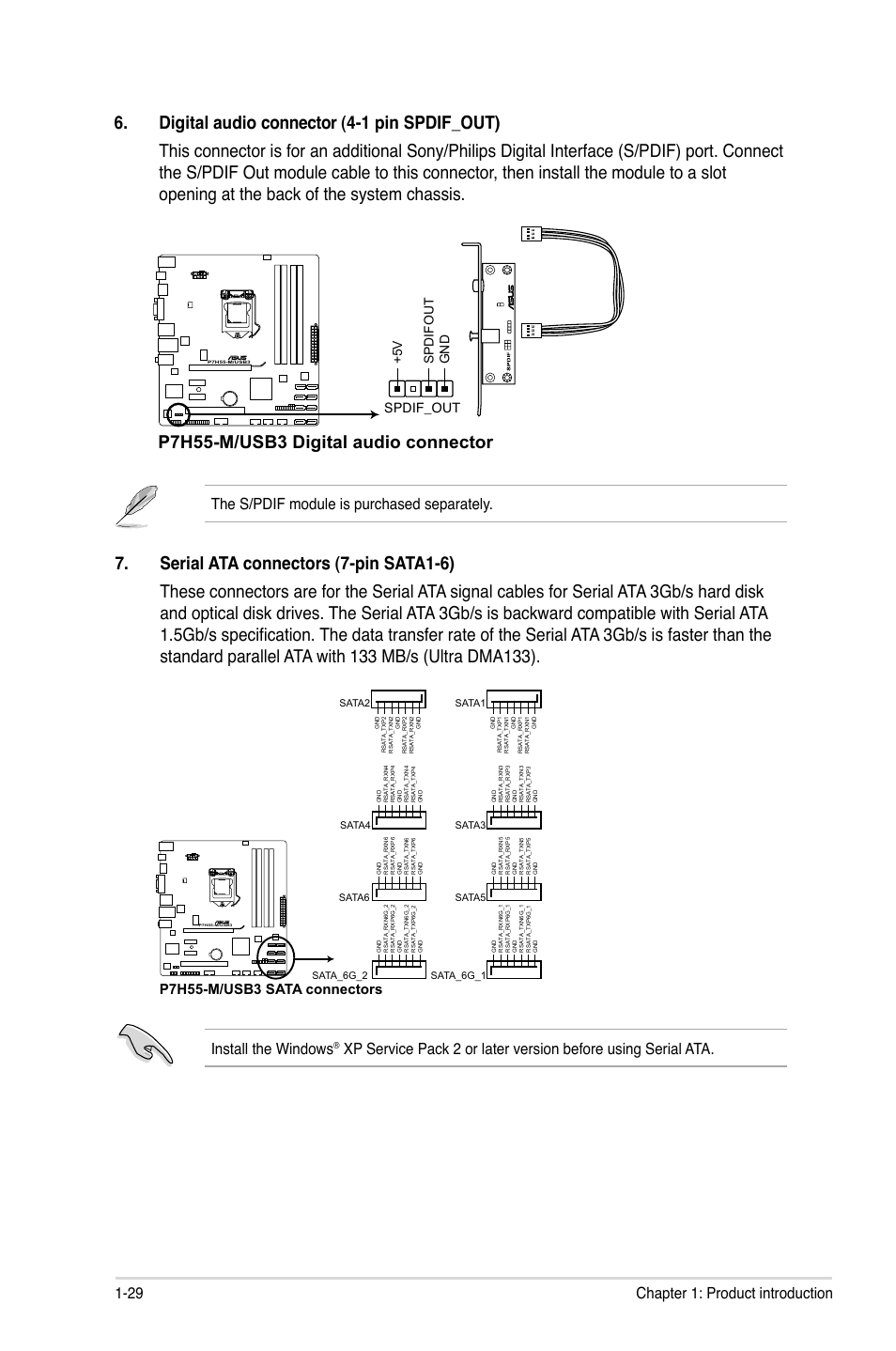 29 chapter 1: product introduction, The s/pdif module is purchased separately, Install the windows | P7h55-m/usb3 sata connectors, Spdif_out, 5 v spdifou t gnd | Asus P7H55-M/USB3 User Manual | Page 42 / 78