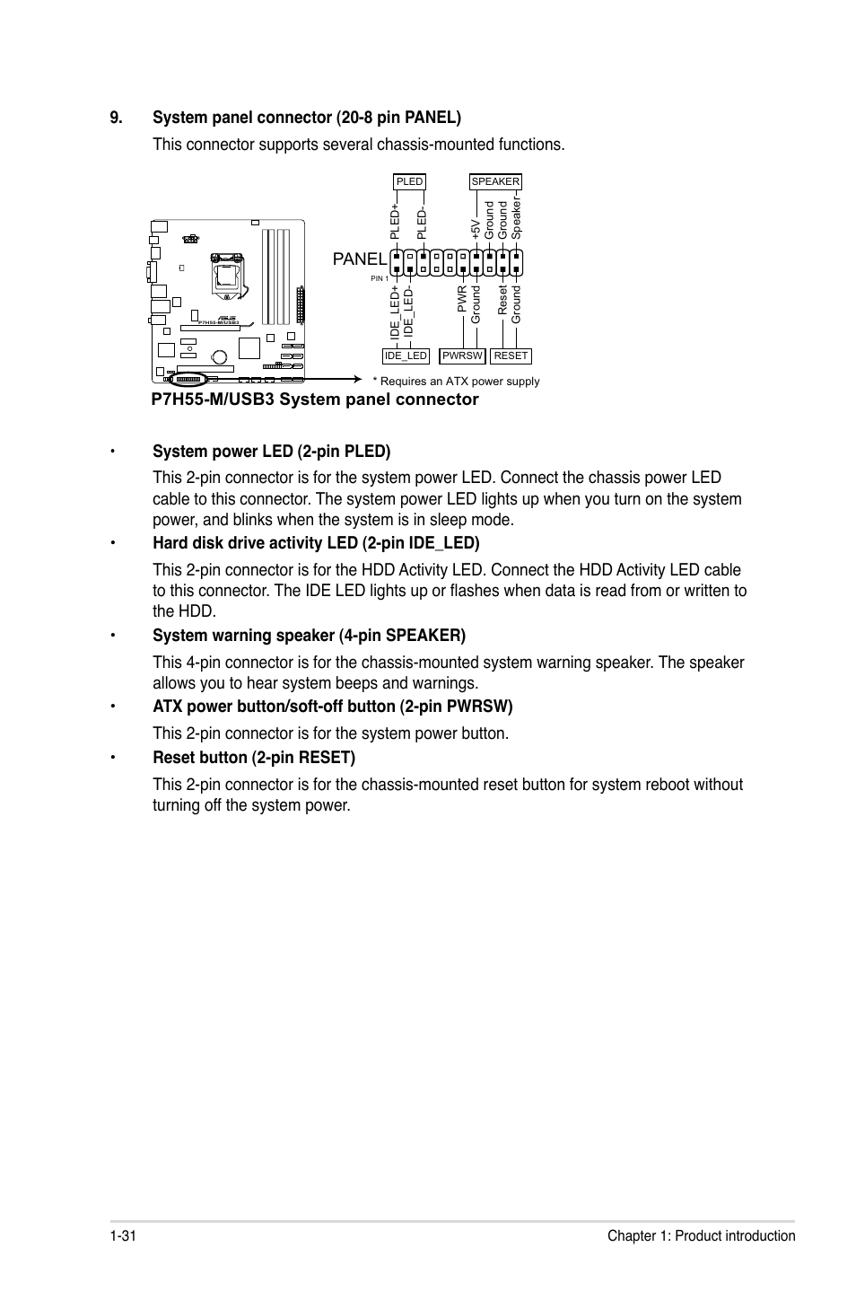 Panel, P7h55-m/usb3 system panel connector | Asus P7H55-M/USB3 User Manual | Page 44 / 78