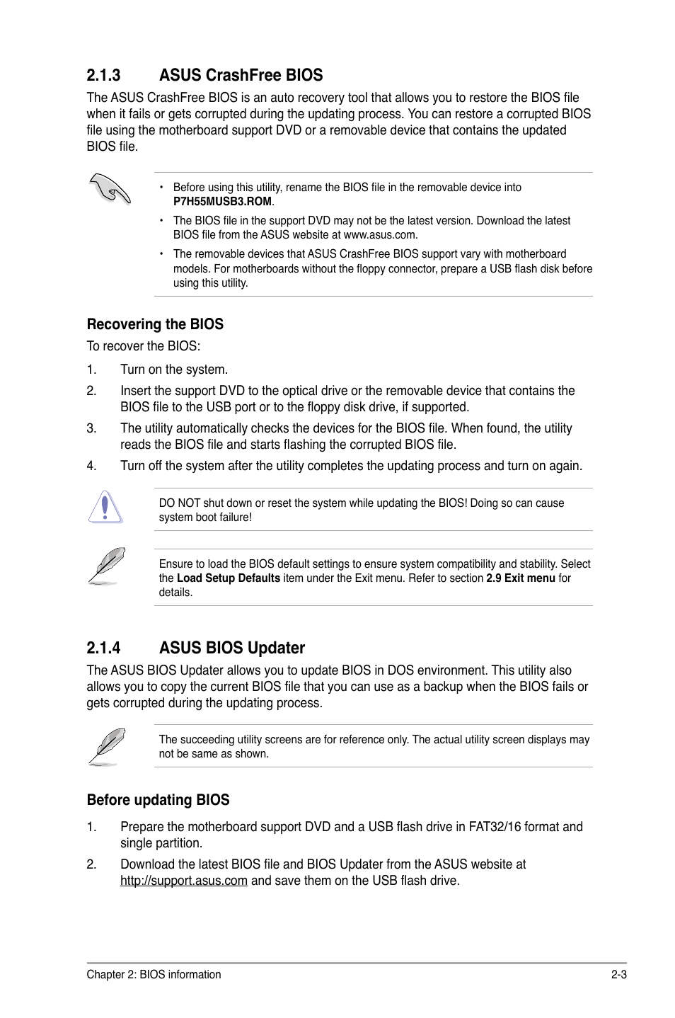 3 asus crashfree bios, 4 asus bios updater, Asus crashfree bios -3 | Asus bios updater -3 | Asus P7H55-M/USB3 User Manual | Page 49 / 78