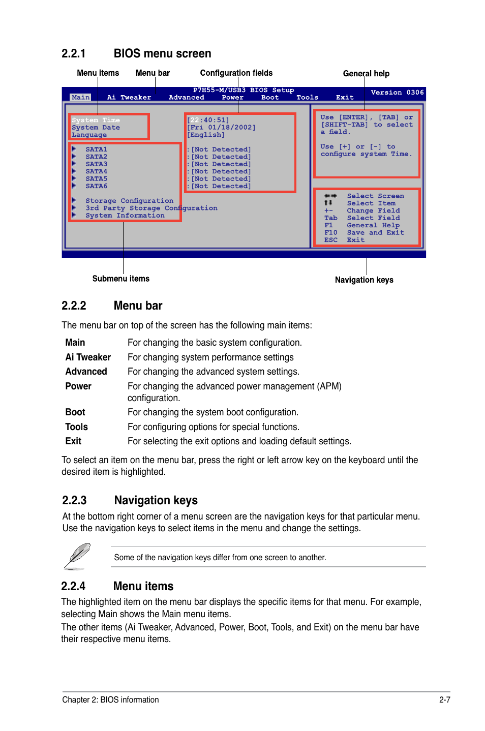 1 bios menu screen, 2 menu bar, 3 navigation keys | 4 menu items, Bios menu screen -7, Menu bar -7, Navigation keys -7, Menu items -7, 1 bios menu screen 2.2.3 navigation keys | Asus P7H55-M/USB3 User Manual | Page 53 / 78