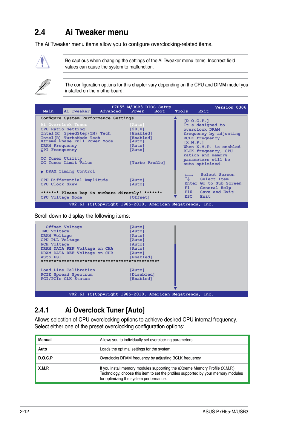 4 ai tweaker menu, 1 ai overclock tuner [auto, Ai tweaker menu -12 2.4.1 | Ai overclock tuner [auto] -12, Scroll down to display the following items | Asus P7H55-M/USB3 User Manual | Page 58 / 78