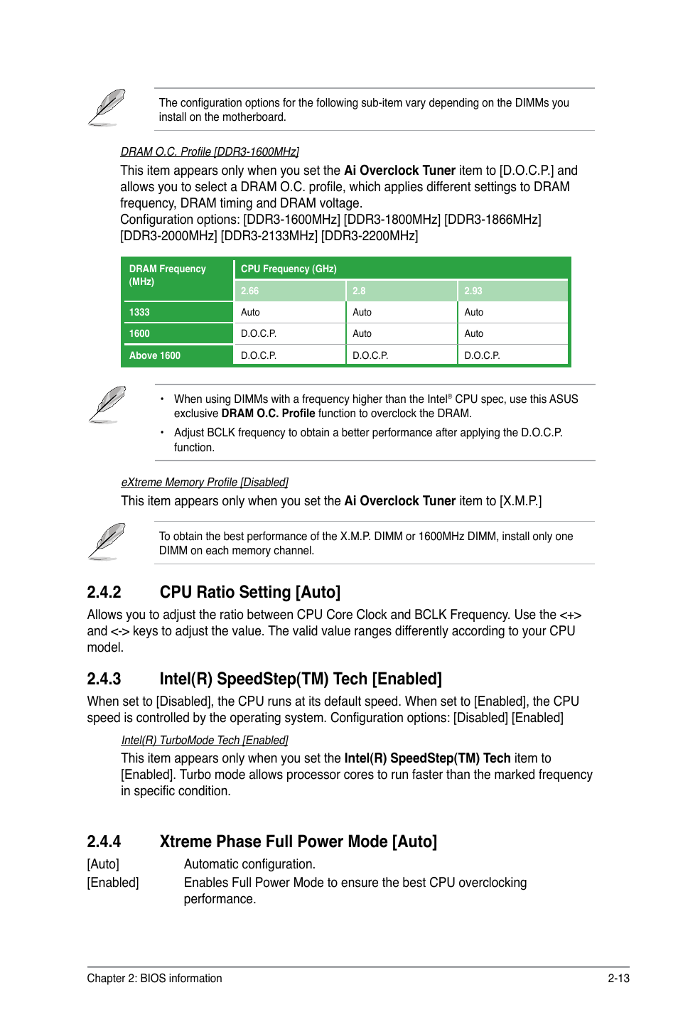 2 cpu ratio setting [auto, 3 intel(r) speedstep(tm) tech [enabled, 4 xtreme phase full power mode [auto | Cpu ratio setting [auto] -13, Intel(r) speedstep(tm) tech [enabled] -13, Xtreme phase full power mode [auto] -13 | Asus P7H55-M/USB3 User Manual | Page 59 / 78