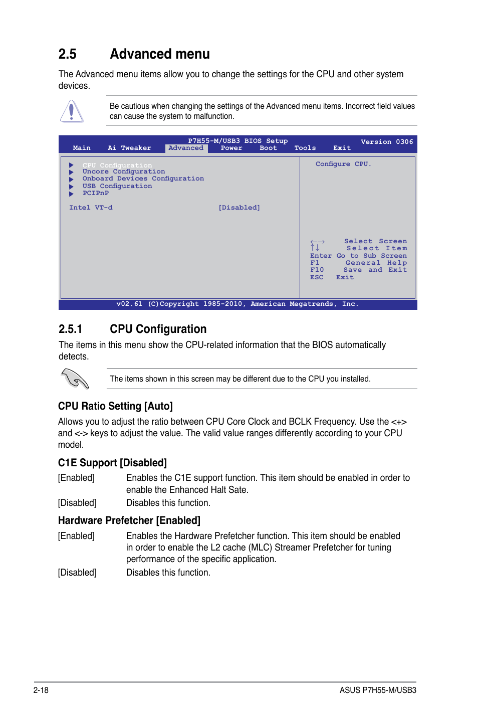 5 advanced menu, 1 cpu configuration, Advanced menu -18 2.5.1 | Cpu configuration -18, Cpu ratio setting [auto, C1e support [disabled, Hardware prefetcher [enabled | Asus P7H55-M/USB3 User Manual | Page 64 / 78