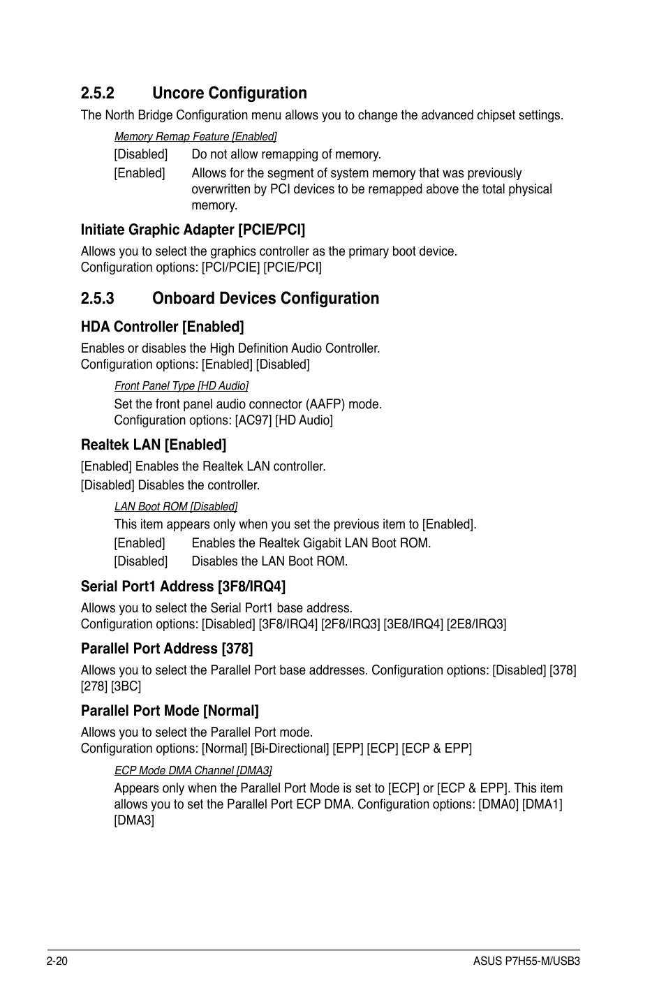 2 uncore configuration, 3 onboard devices configuration, Uncore configuration -20 | Onboard devices configuration -20 | Asus P7H55-M/USB3 User Manual | Page 66 / 78