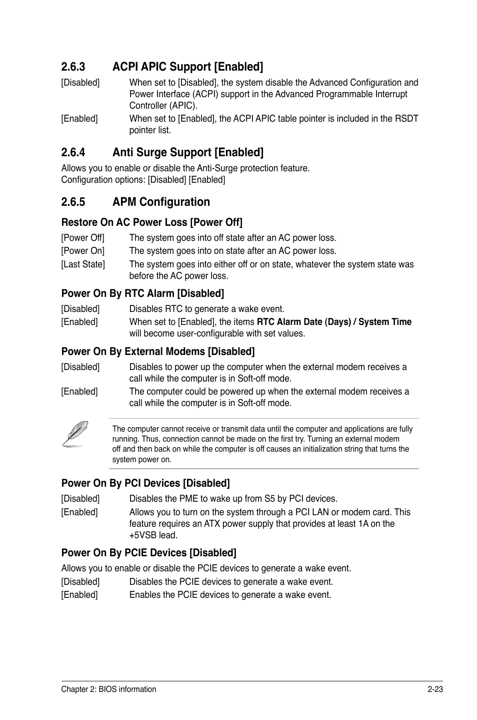 3 acpi apic support [enabled, 4 anti surge support [enabled, 5 apm configuration | Acpi apic support [enabled] -23, Anti surge support [enabled] -23, Apm configuration -23 | Asus P7H55-M/USB3 User Manual | Page 69 / 78