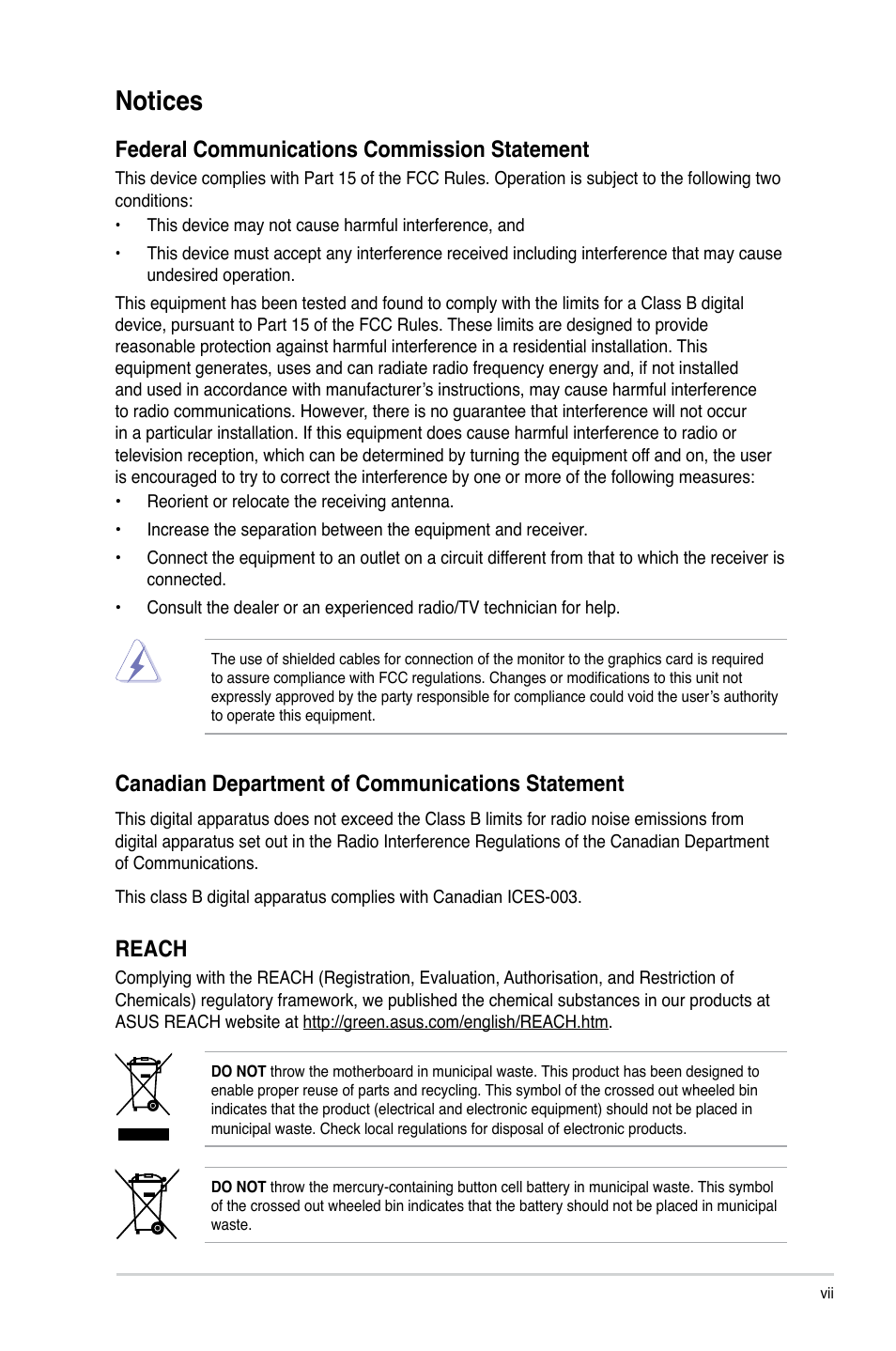 Notices, Federal communications commission statement, Canadian department of communications statement | Reach | Asus P7H55-M/USB3 User Manual | Page 7 / 78