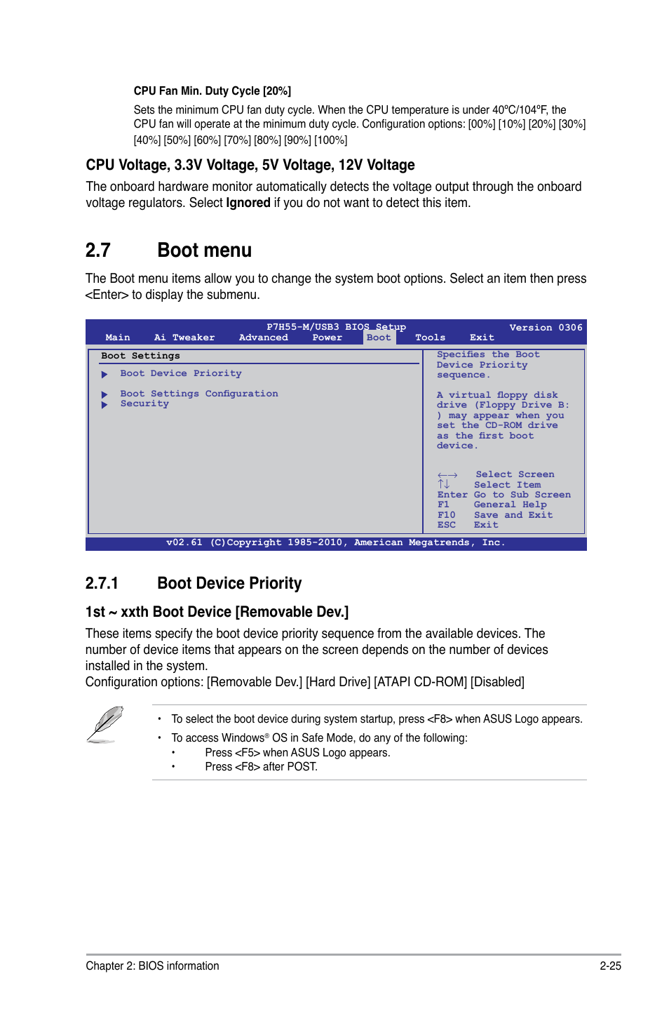 7 boot menu, 1 boot device priority, Boot menu -25 2.7.1 | Boot device priority -25, 1st ~ xxth boot device [removable dev | Asus P7H55-M/USB3 User Manual | Page 71 / 78