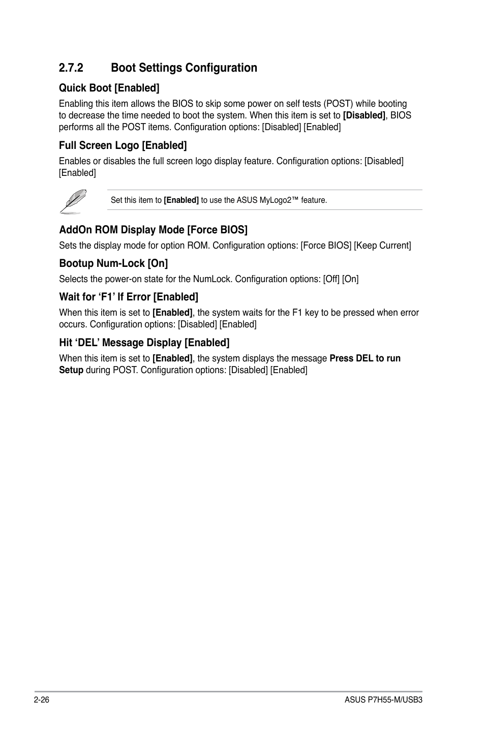 2 boot settings configuration, Boot settings configuration -26 | Asus P7H55-M/USB3 User Manual | Page 72 / 78