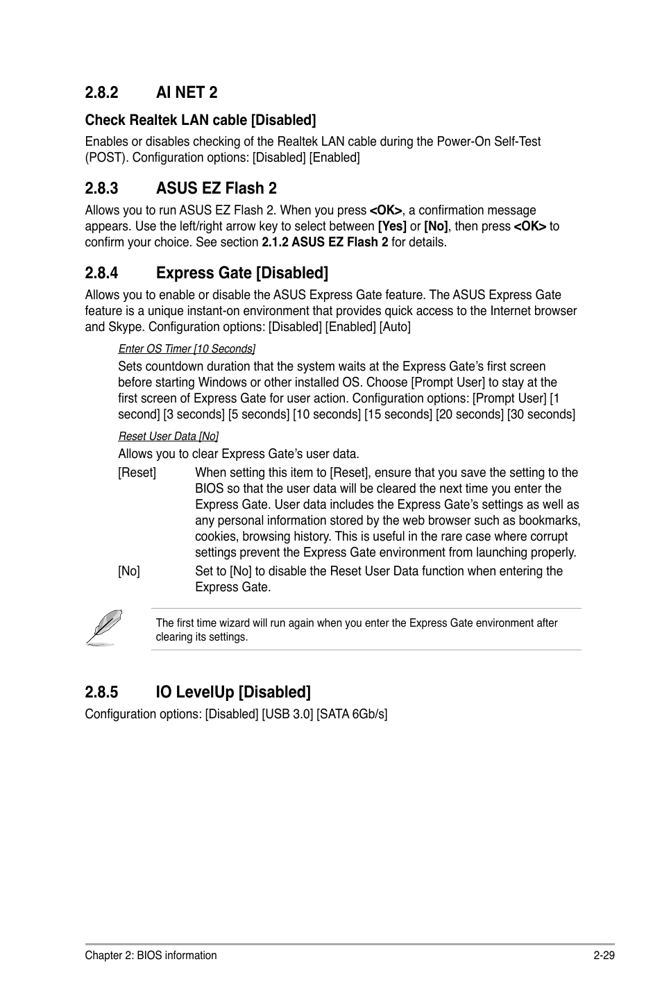 2 ai net 2, 3 asus ez flash 2, 4 express gate [disabled | 5 io levelup [disabled, Ai net 2 -29, Asus ez flash 2 -29, Express gate [disabled] -29, Io levelup [disabled] -29 | Asus P7H55-M/USB3 User Manual | Page 75 / 78