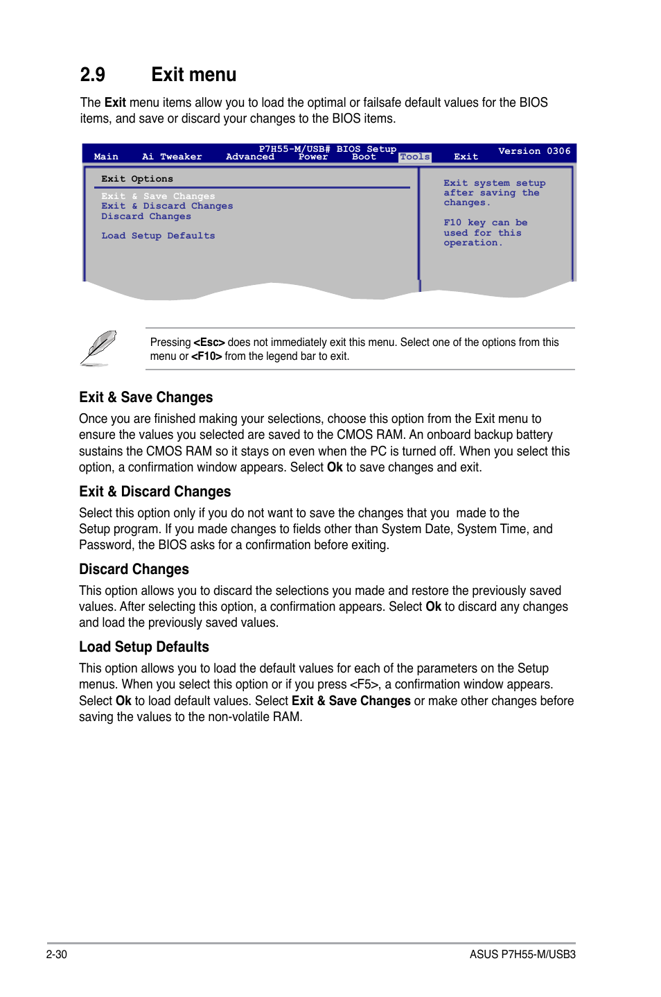 9 exit menu, Exit menu -30, Exit & save changes | Exit & discard changes, Discard changes, Load setup defaults | Asus P7H55-M/USB3 User Manual | Page 76 / 78