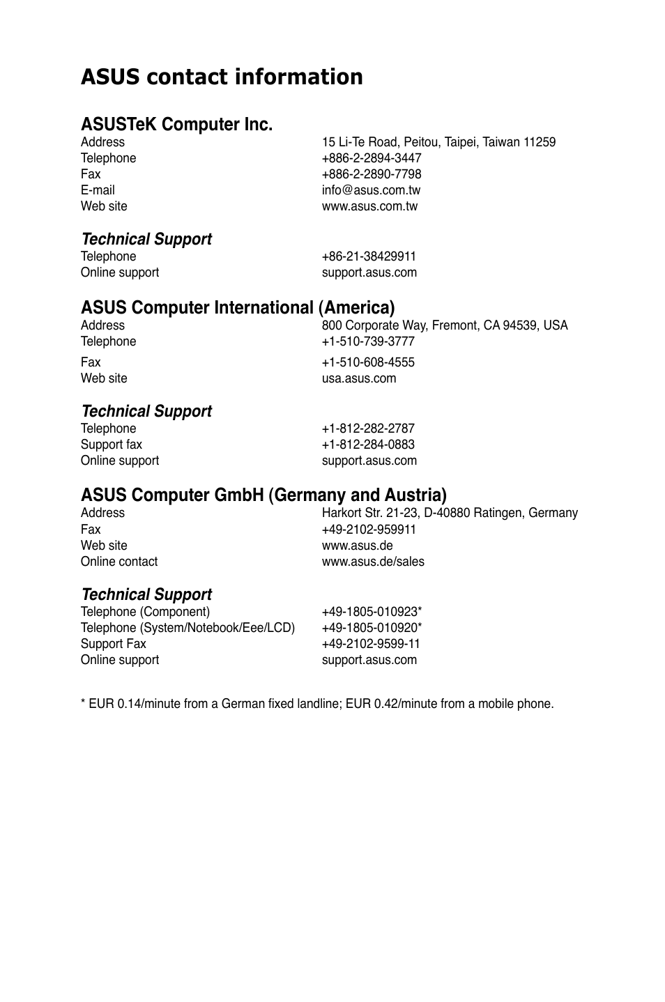 Asus contact information, Asustek computer inc, Asus computer international (america) | Asus computer gmbh (germany and austria), Technical support | Asus P7H55-M/USB3 User Manual | Page 77 / 78