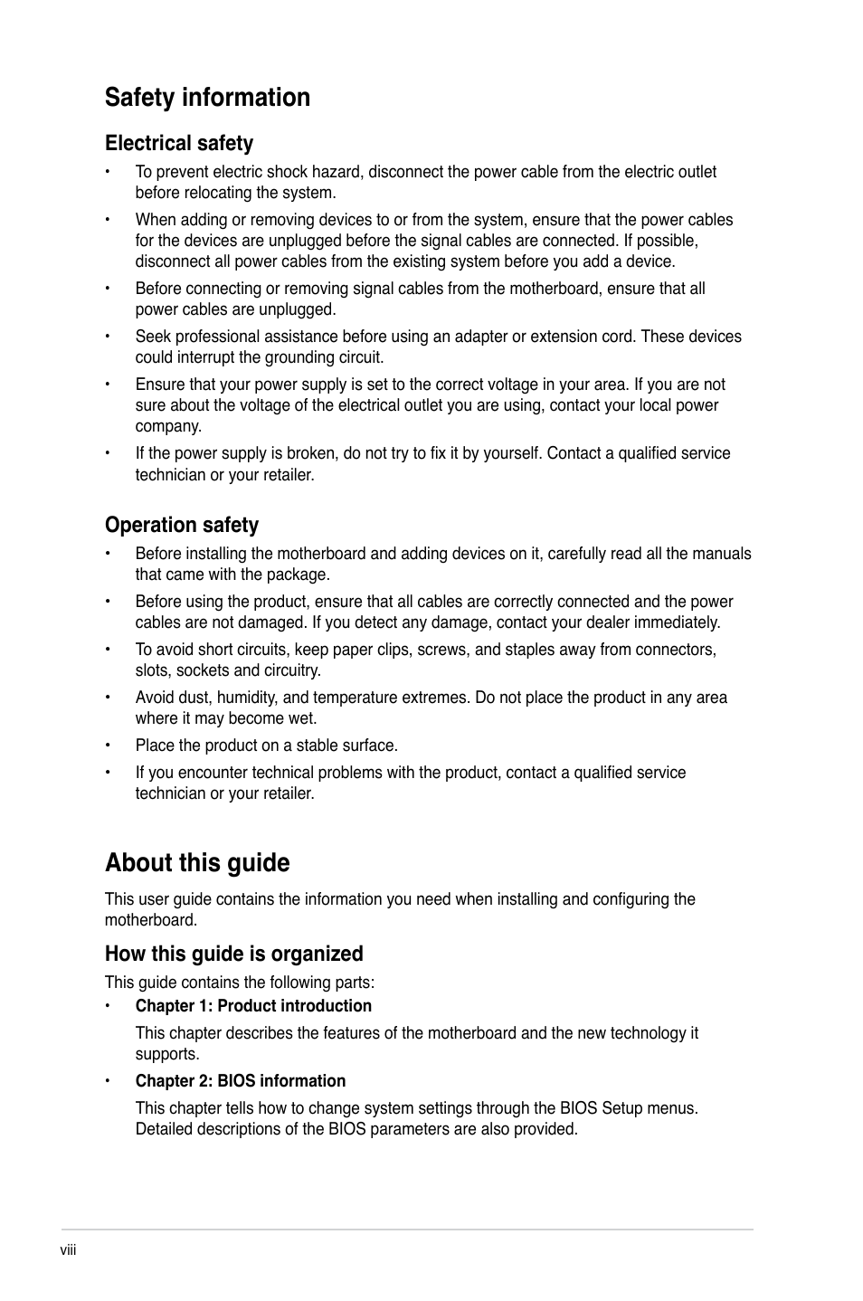 Safety information, About this guide, Electrical safety | Operation safety, How this guide is organized | Asus P7H55-M/USB3 User Manual | Page 8 / 78