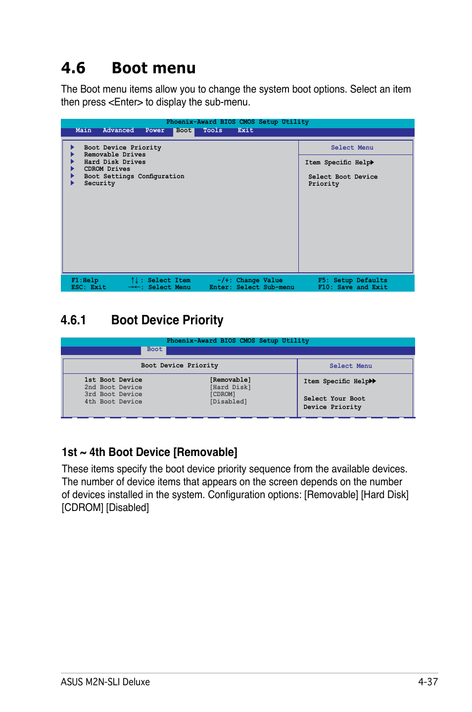 6 boot menu, 1 boot device priority, 1st ~ 4th boot device [removable | Asus M2N-SLI Deluxe User Manual | Page 101 / 164