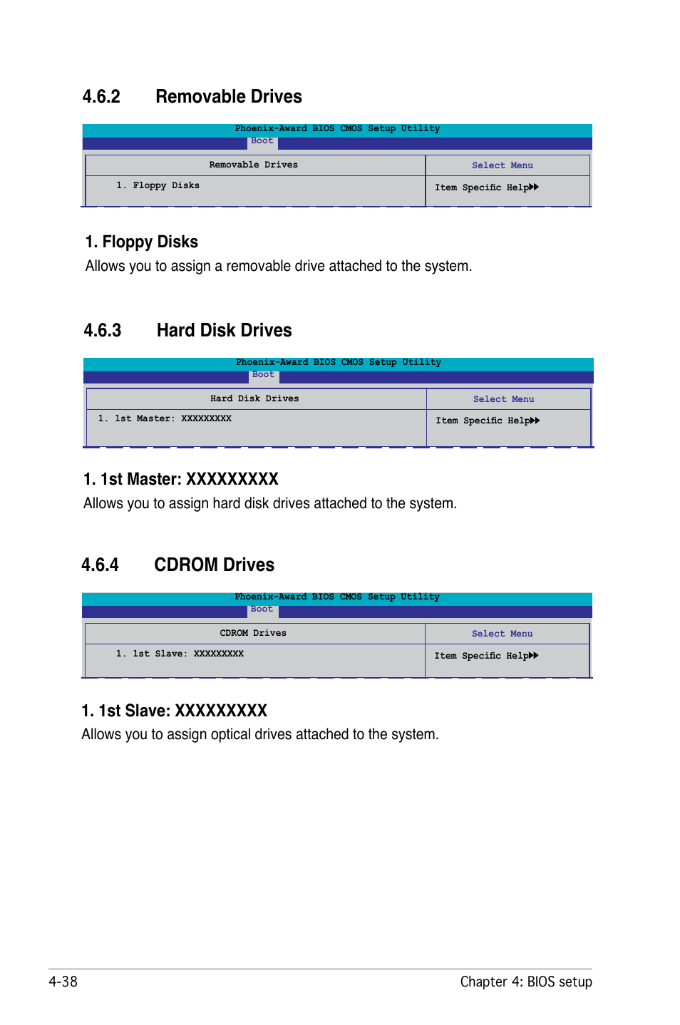 2 removable drives, 3 hard disk drives, 4 cdrom drives | Floppy disks | Asus M2N-SLI Deluxe User Manual | Page 102 / 164