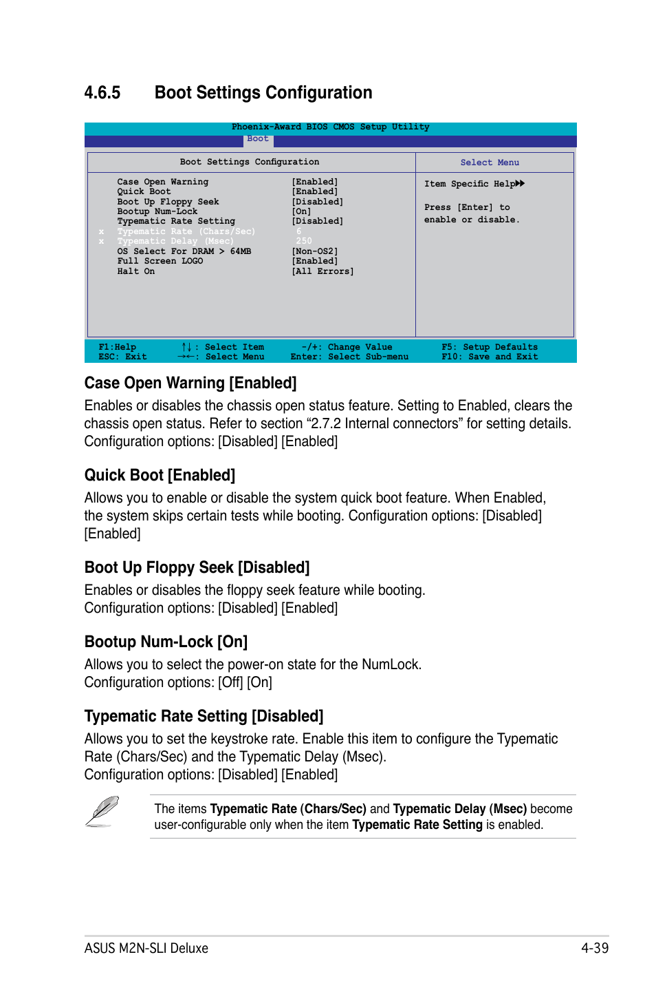 5 boot settings configuration, Case open warning [enabled, Quick boot [enabled | Boot up floppy seek [disabled, Bootup num-lock [on, Typematic rate setting [disabled | Asus M2N-SLI Deluxe User Manual | Page 103 / 164