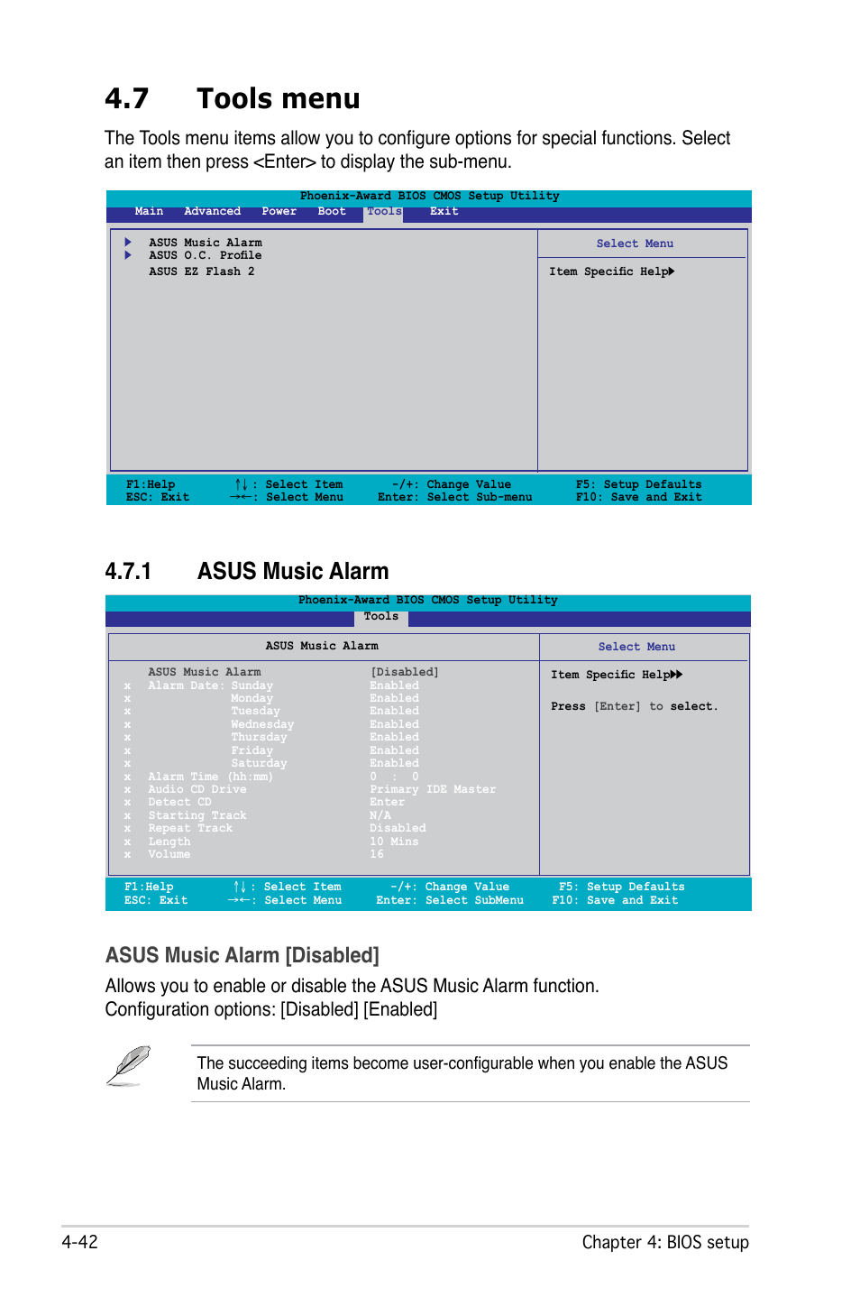 7 tools menu, 1 asus music alarm, Asus music alarm [disabled | Asus M2N-SLI Deluxe User Manual | Page 106 / 164