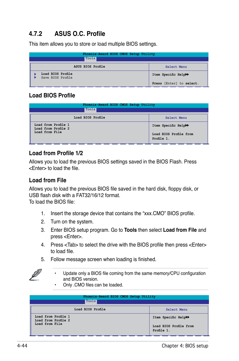 2 asus o.c. profile, Load bios profile load from profile 1/2, Load from file | Asus M2N-SLI Deluxe User Manual | Page 108 / 164