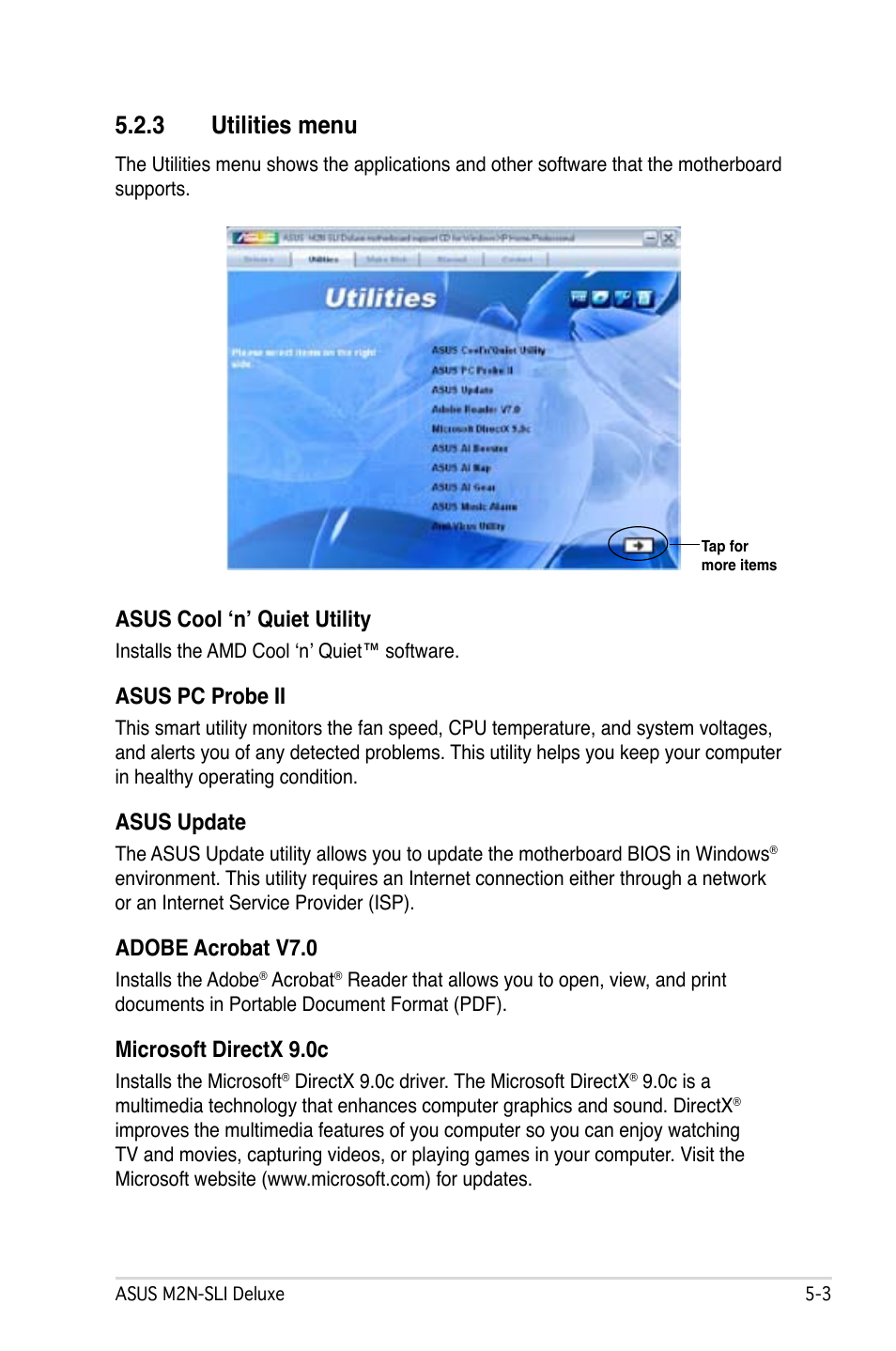 3 utilities menu, Asus cool ‘n’ quiet utility, Asus pc probe ii | Asus update, Adobe acrobat v7.0, Microsoft directx 9.0c | Asus M2N-SLI Deluxe User Manual | Page 117 / 164