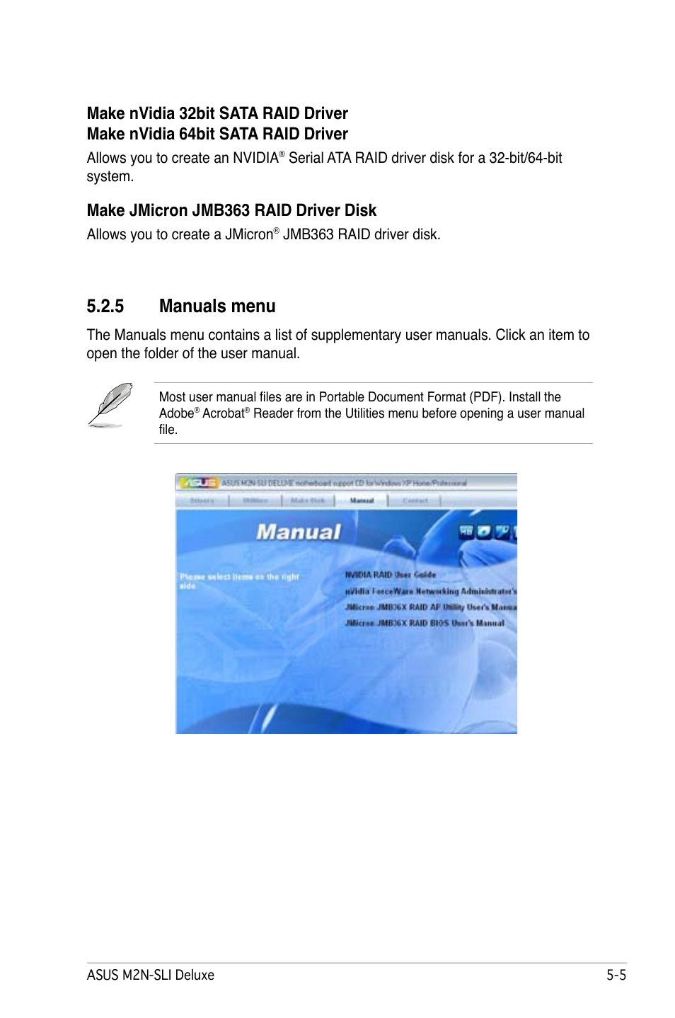 5 manuals menu, Make jmicron jmb363 raid driver disk | Asus M2N-SLI Deluxe User Manual | Page 119 / 164